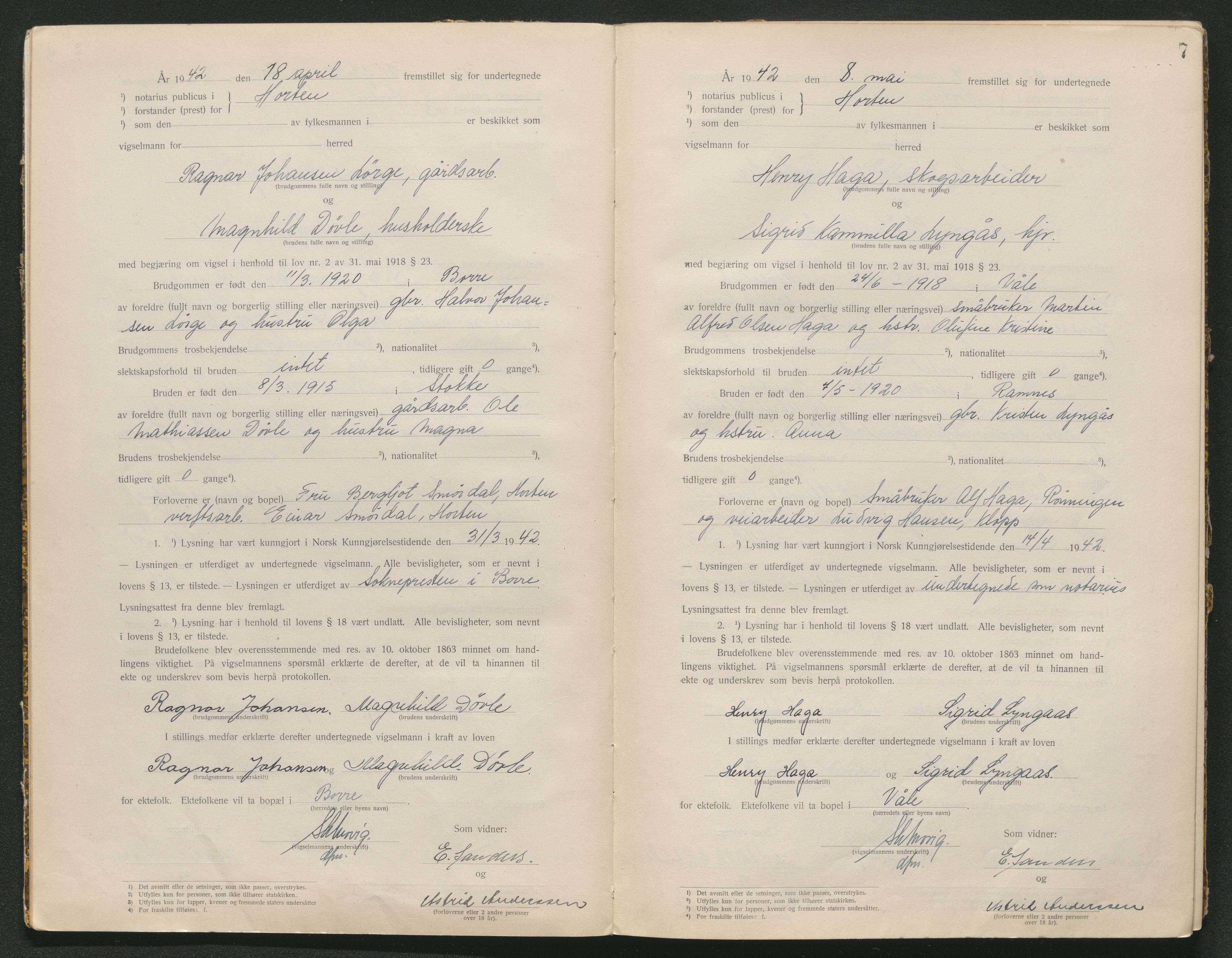 Horten sorenskriveri, SAKO/A-133/L/Lc/L0002: Vigselsbok, 1941-1943, s. 7