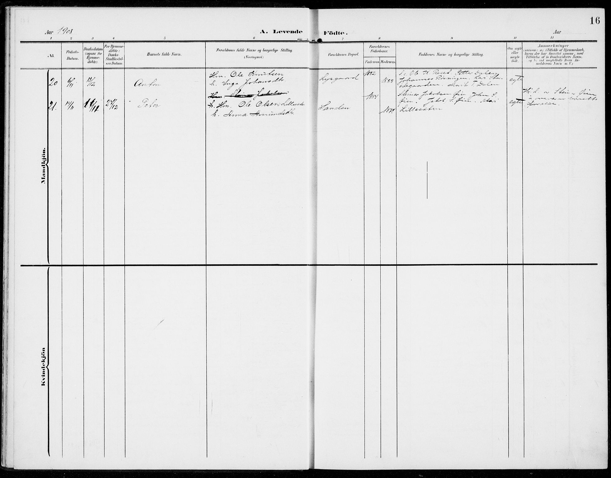 Sel prestekontor, AV/SAH-PREST-074/H/Ha/Haa/L0001: Ministerialbok nr. 1, 1905-1922, s. 16