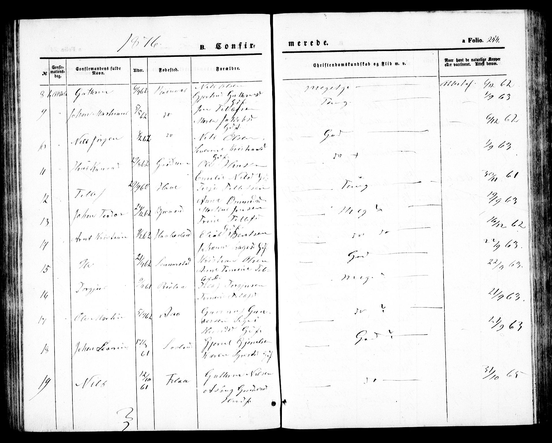 Birkenes sokneprestkontor, SAK/1111-0004/F/Fb/L0002: Klokkerbok nr. B 2, 1849-1876, s. 254