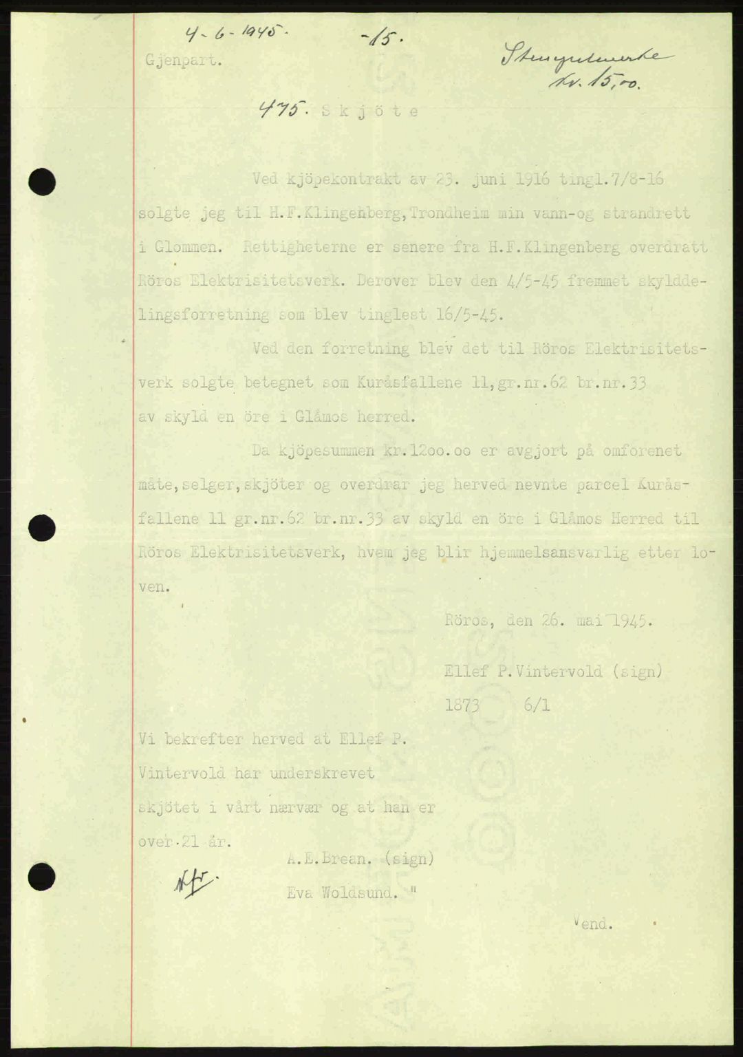 Gauldal sorenskriveri, SAT/A-0014/1/2/2C: Pantebok nr. A1a, 1945-1945, Dagboknr: 475/1945