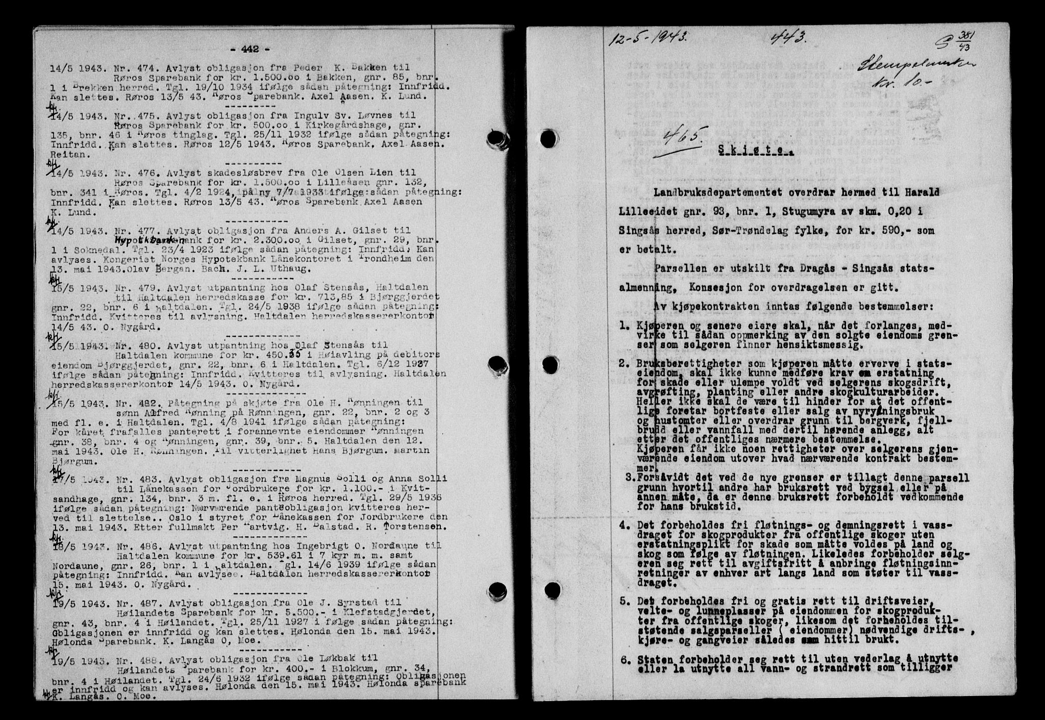 Gauldal sorenskriveri, SAT/A-0014/1/2/2C/L0056: Pantebok nr. 61, 1942-1943, Dagboknr: 465/1943