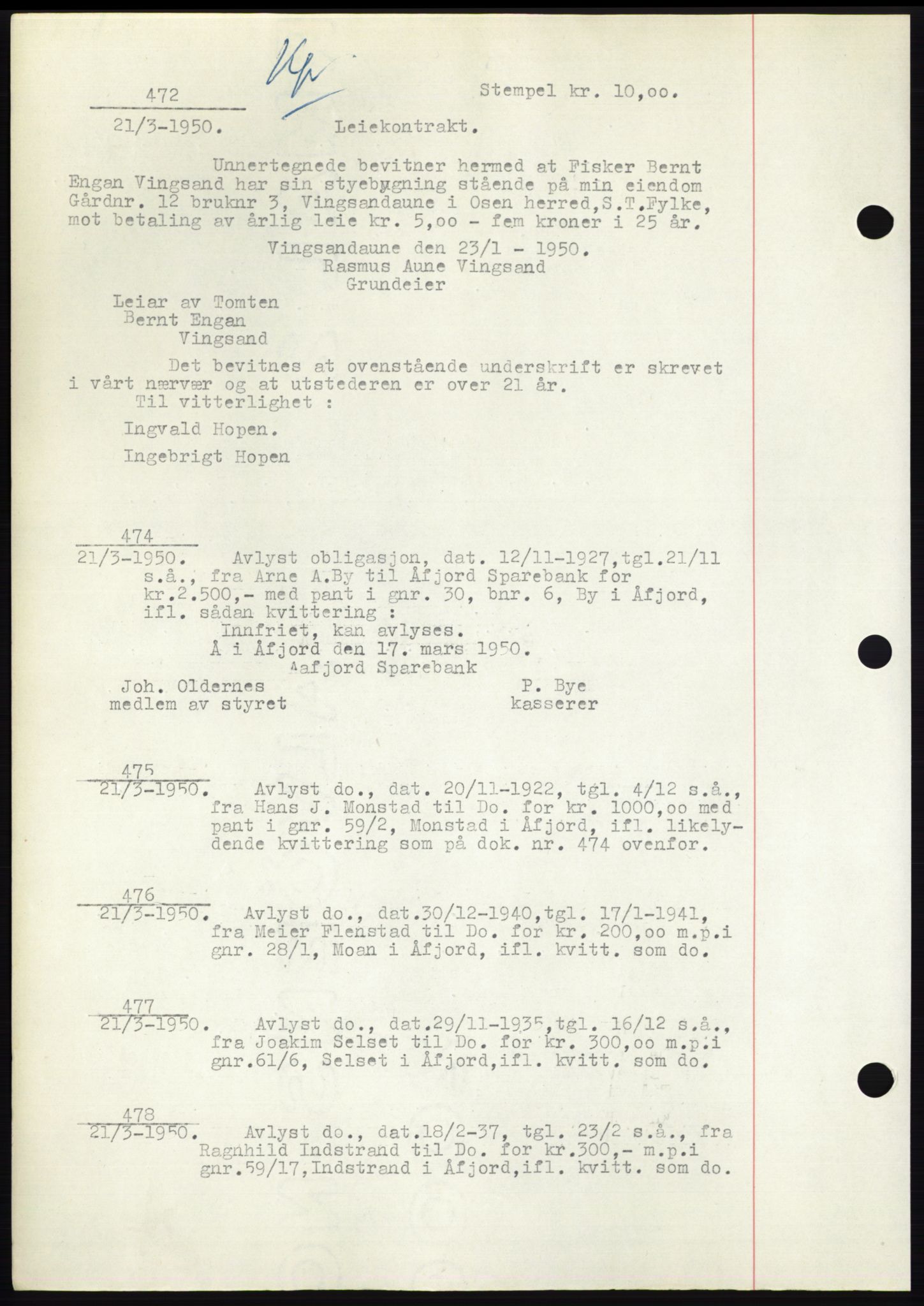 Fosen sorenskriveri, AV/SAT-A-1107/1/2/2C: Pantebok nr. B3, 1948-1950, Dagboknr: 472/1950
