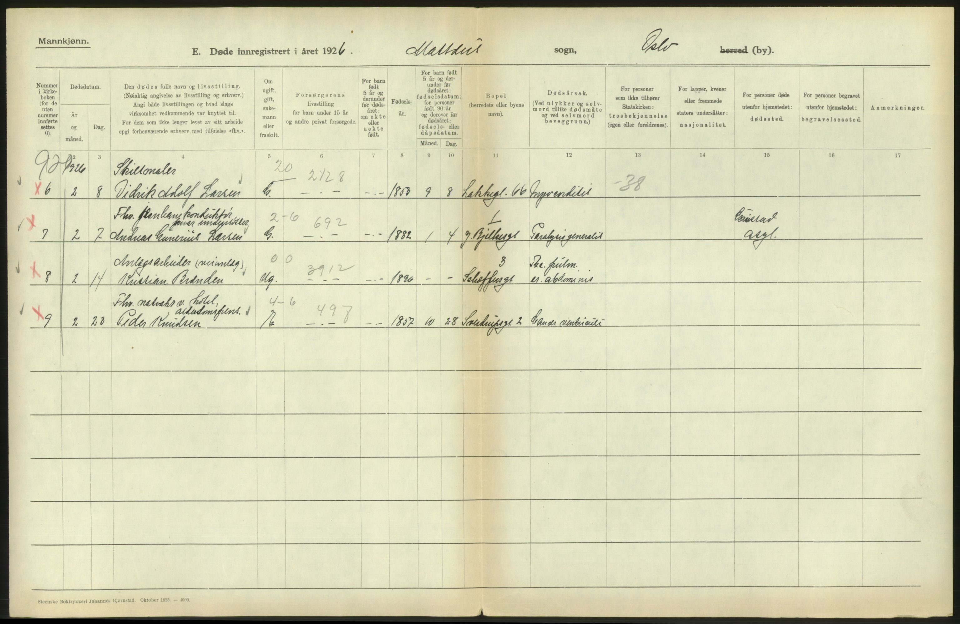 Statistisk sentralbyrå, Sosiodemografiske emner, Befolkning, AV/RA-S-2228/D/Df/Dfc/Dfcf/L0009: Oslo: Døde menn, 1926, s. 532