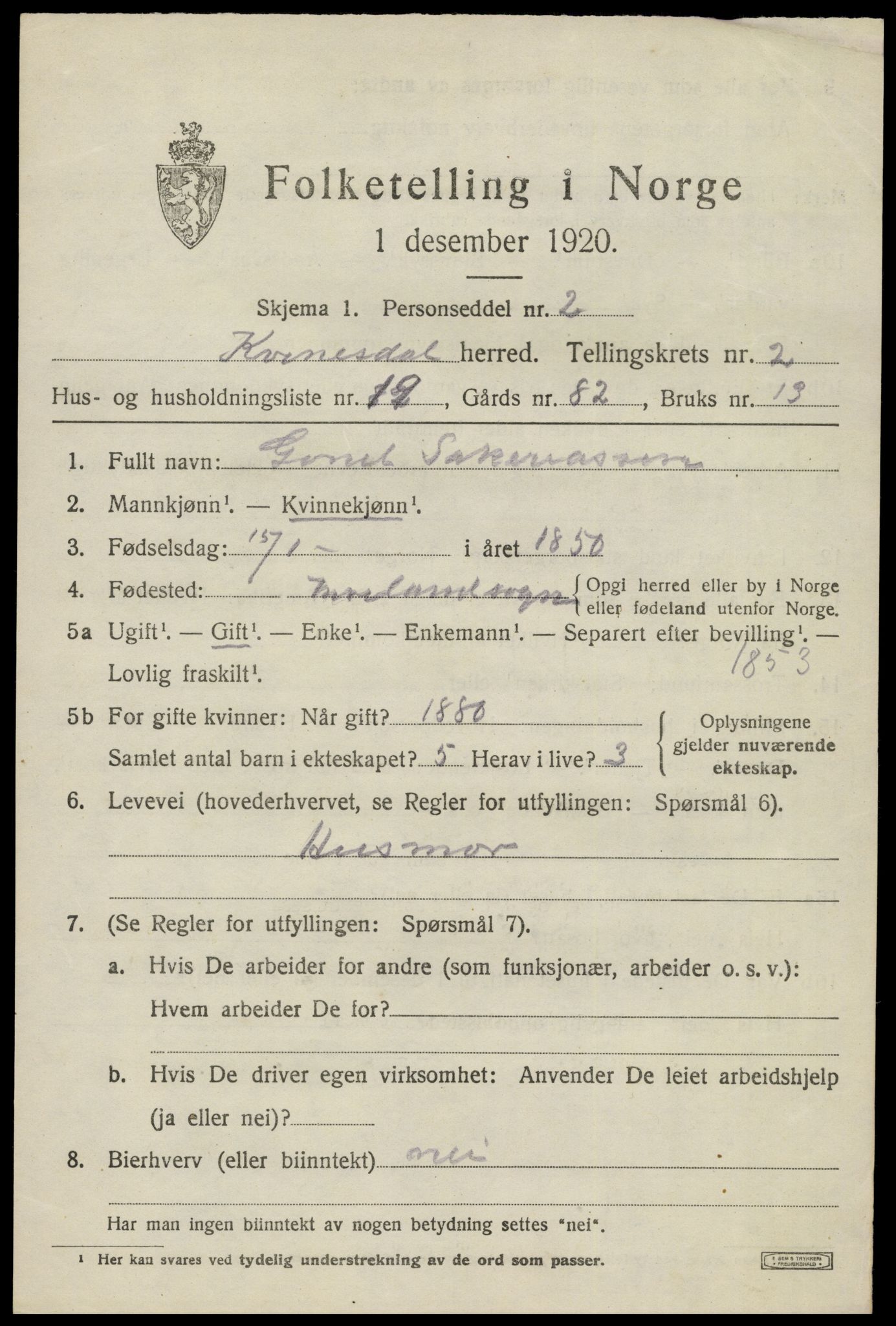 SAK, Folketelling 1920 for 1037 Kvinesdal herred, 1920, s. 2089