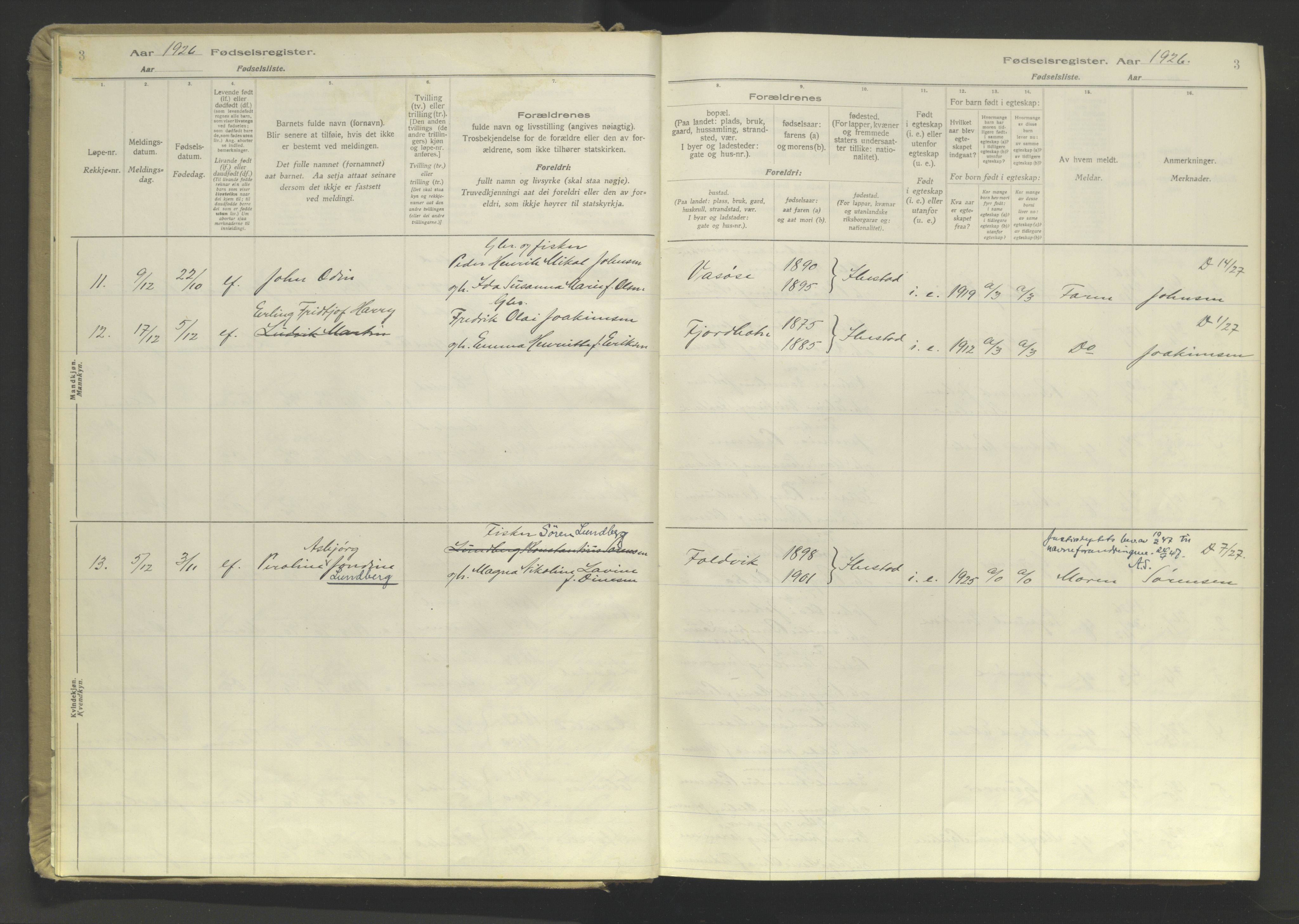 Ibestad sokneprestembete, SATØ/S-0077/I/Ic/L0064: Fødselsregister nr. 64, 1926-1961, s. 3