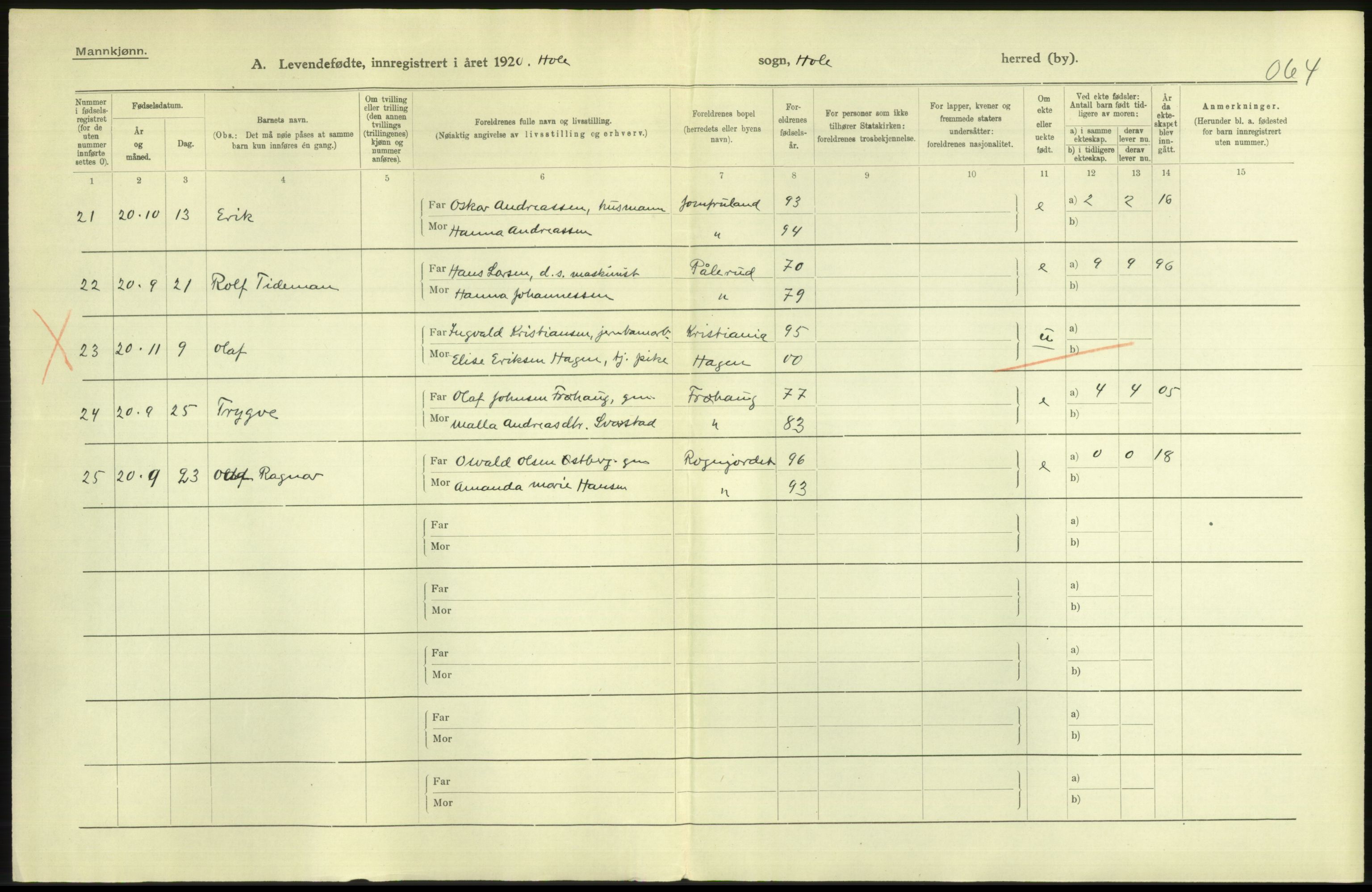 Statistisk sentralbyrå, Sosiodemografiske emner, Befolkning, RA/S-2228/D/Df/Dfb/Dfbj/L0021: Buskerud fylke: Levendefødte menn og kvinner. Bygder., 1920