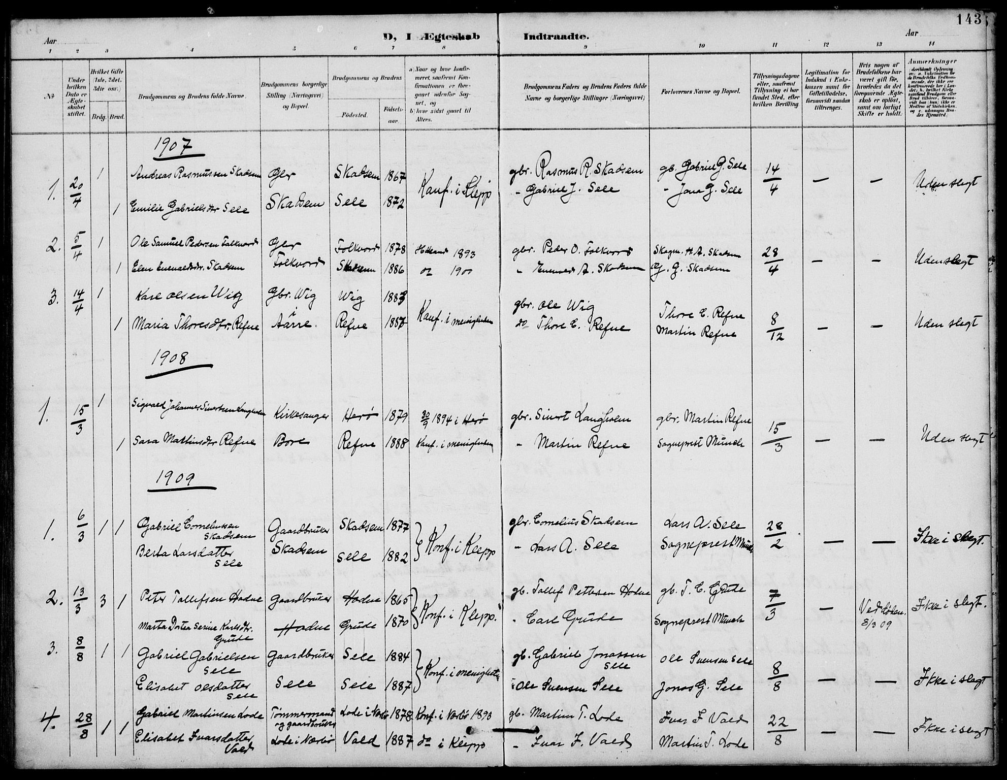 Klepp sokneprestkontor, SAST/A-101803/001/3/30BB/L0006: Klokkerbok nr. B 6, 1889-1936, s. 143