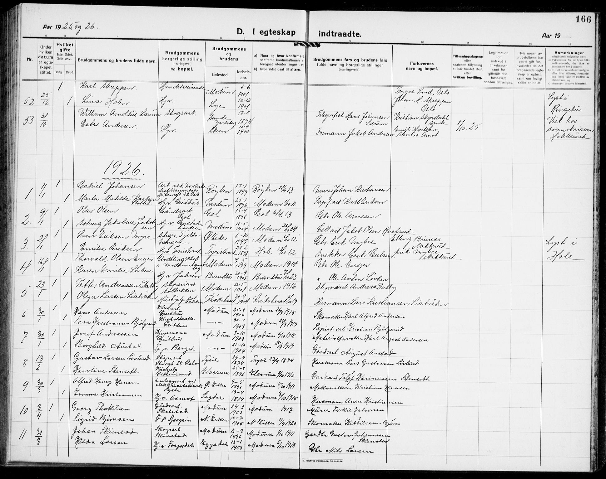 Modum kirkebøker, AV/SAKO-A-234/G/Ga/L0012: Klokkerbok nr. I 12, 1923-1933, s. 166