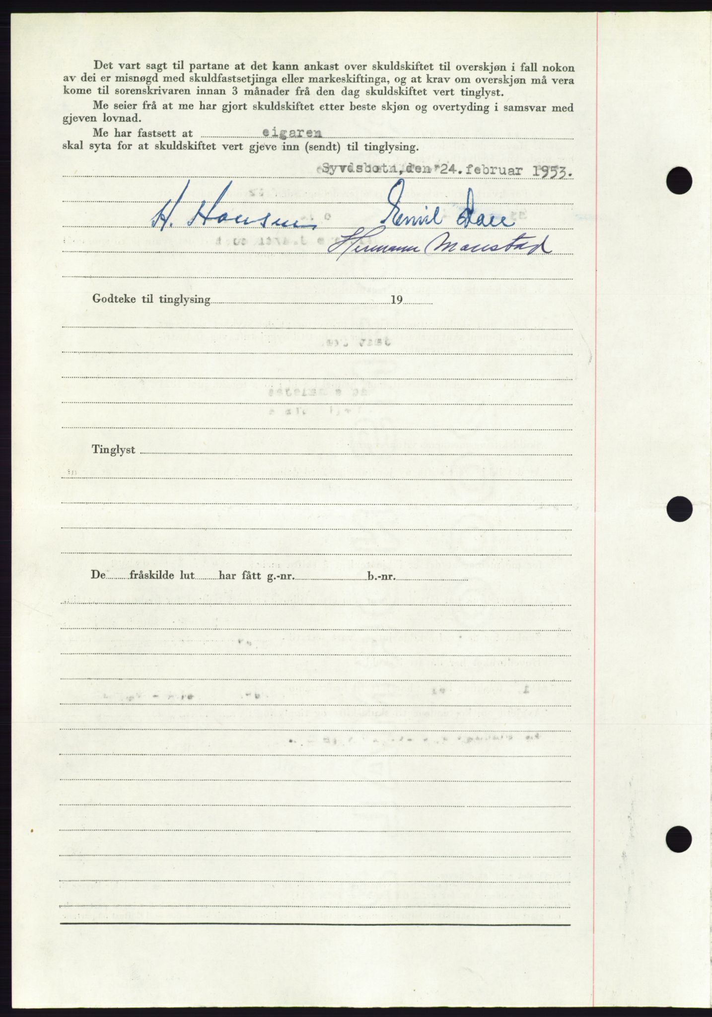 Søre Sunnmøre sorenskriveri, AV/SAT-A-4122/1/2/2C/L0094: Pantebok nr. 20A, 1953-1953, Dagboknr: 514/1953