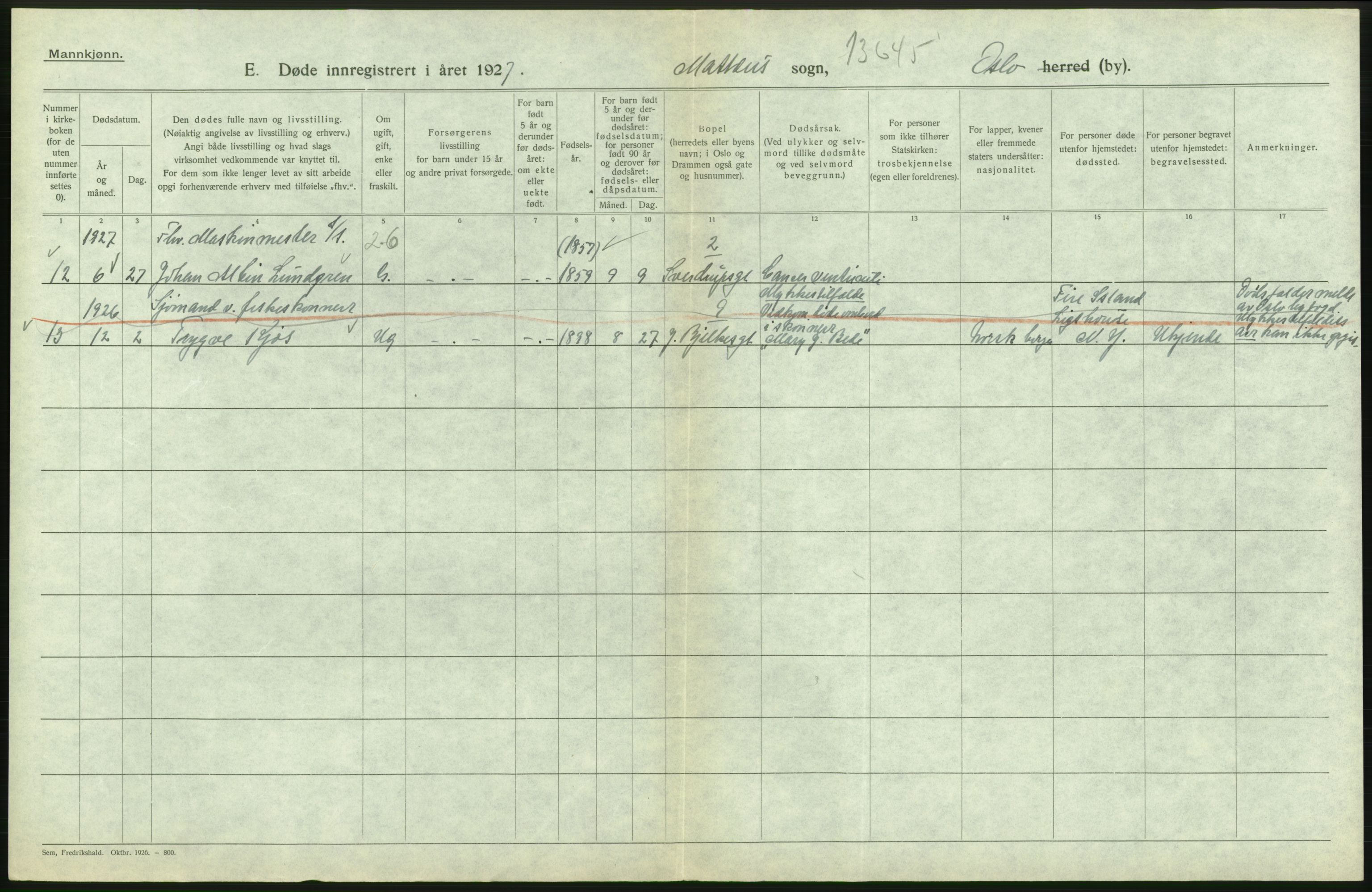 Statistisk sentralbyrå, Sosiodemografiske emner, Befolkning, RA/S-2228/D/Df/Dfc/Dfcg/L0009: Oslo: Døde menn, 1927, s. 312