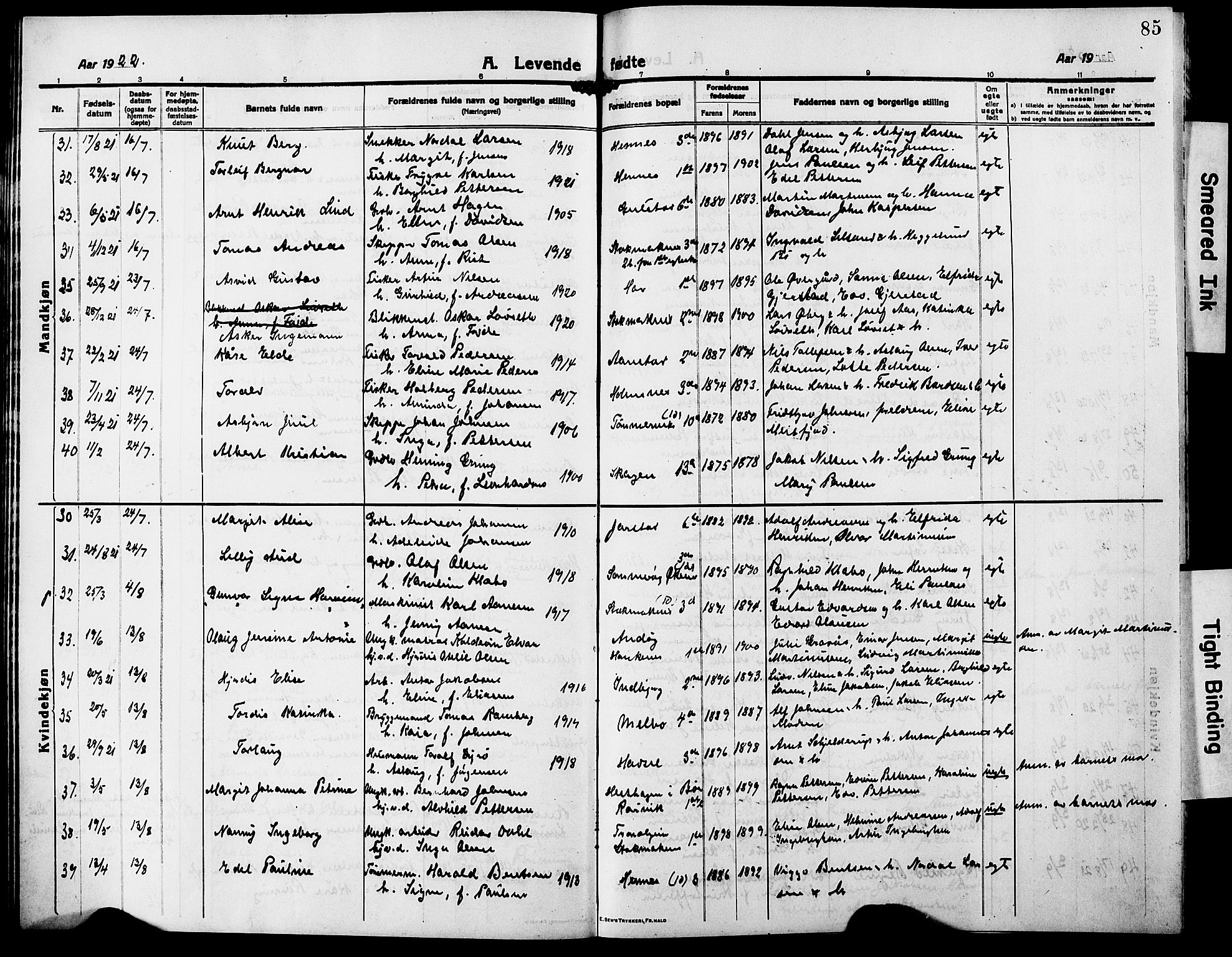 Ministerialprotokoller, klokkerbøker og fødselsregistre - Nordland, AV/SAT-A-1459/888/L1269: Klokkerbok nr. 888C07, 1913-1927, s. 85