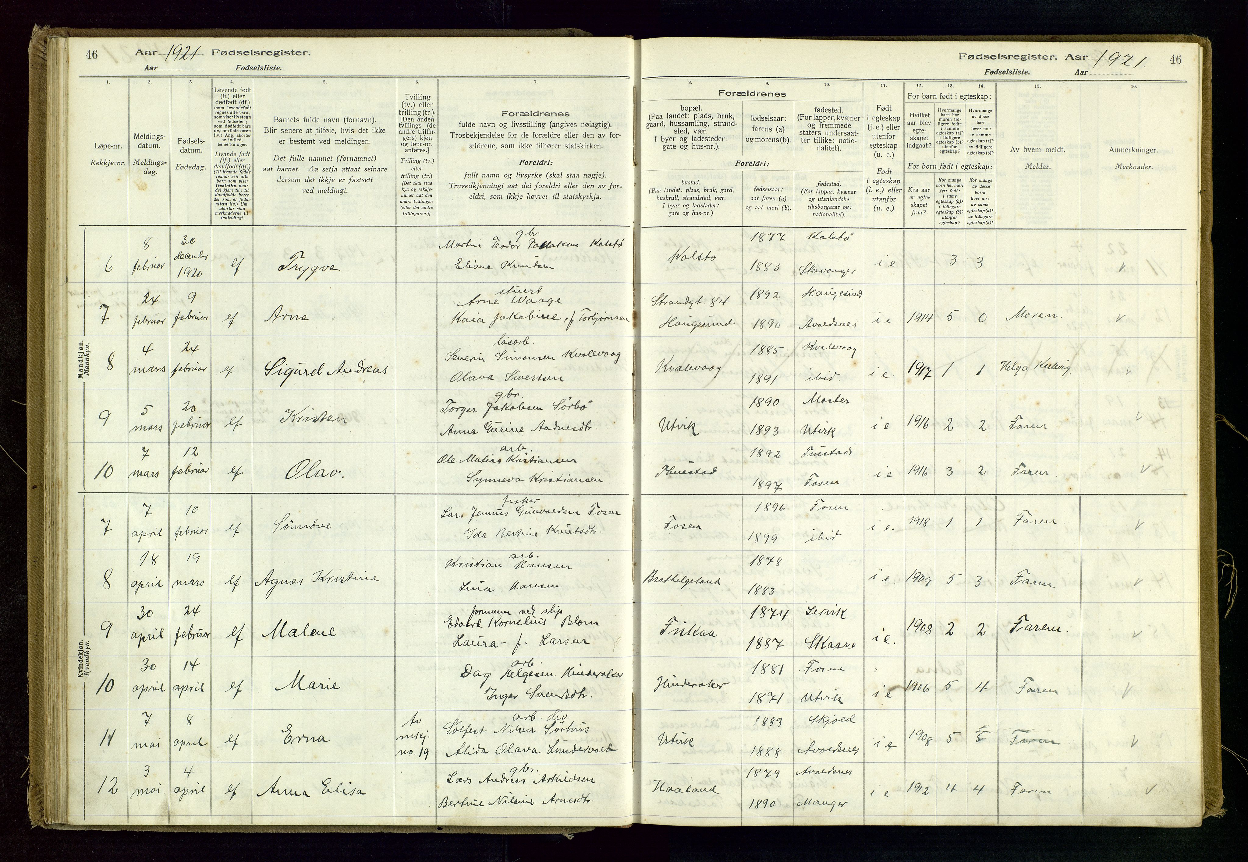 Avaldsnes sokneprestkontor, SAST/A -101851/I/Id/L0001: Fødselsregister nr. 1, 1916-1946, s. 46