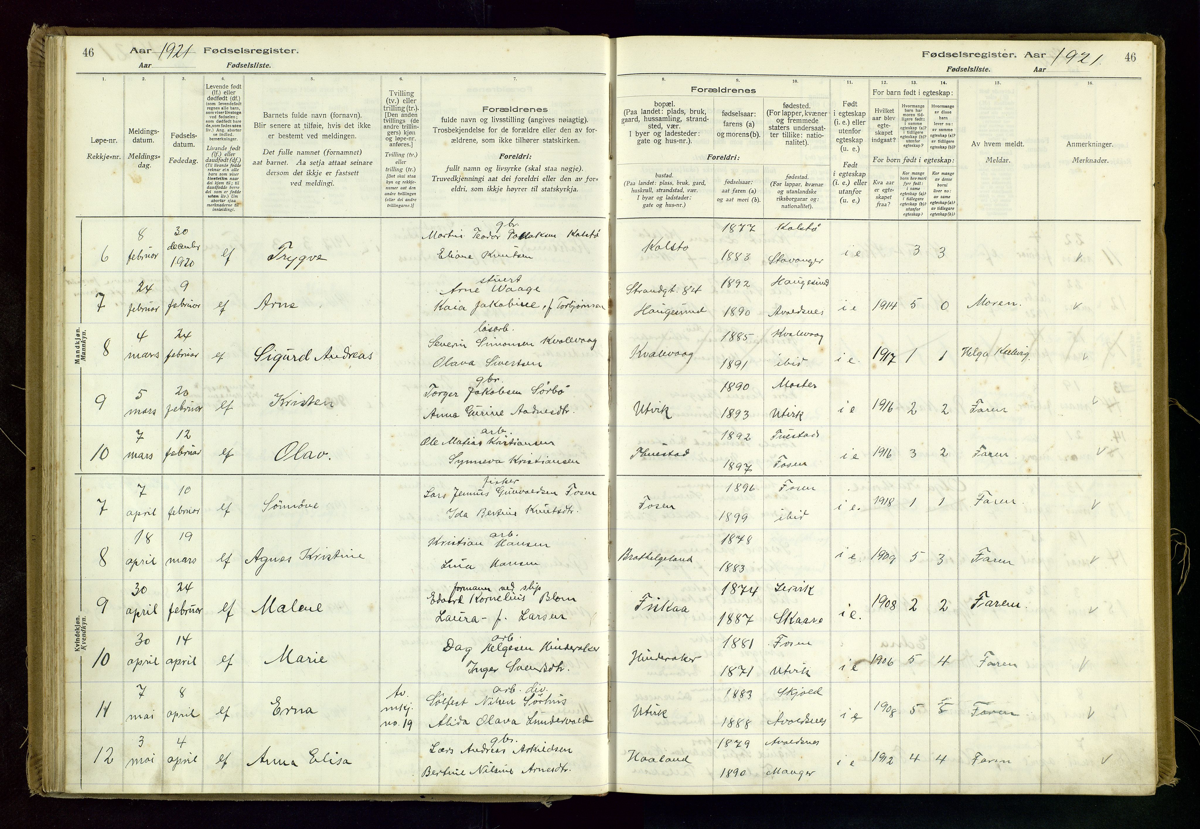 Avaldsnes sokneprestkontor, AV/SAST-A -101851/I/Id/L0001: Fødselsregister nr. 1, 1916-1946, s. 46