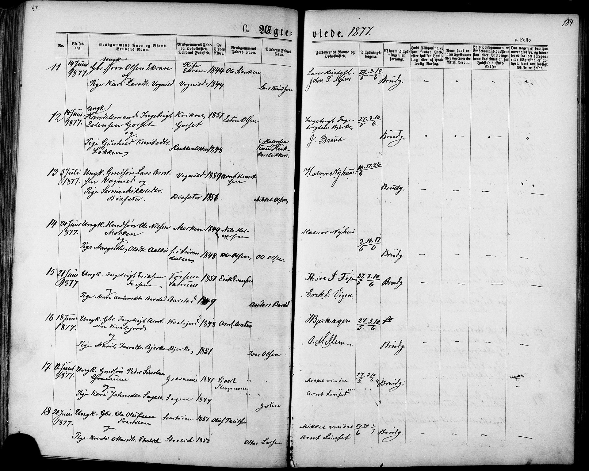 Ministerialprotokoller, klokkerbøker og fødselsregistre - Sør-Trøndelag, SAT/A-1456/678/L0900: Ministerialbok nr. 678A09, 1872-1881, s. 184