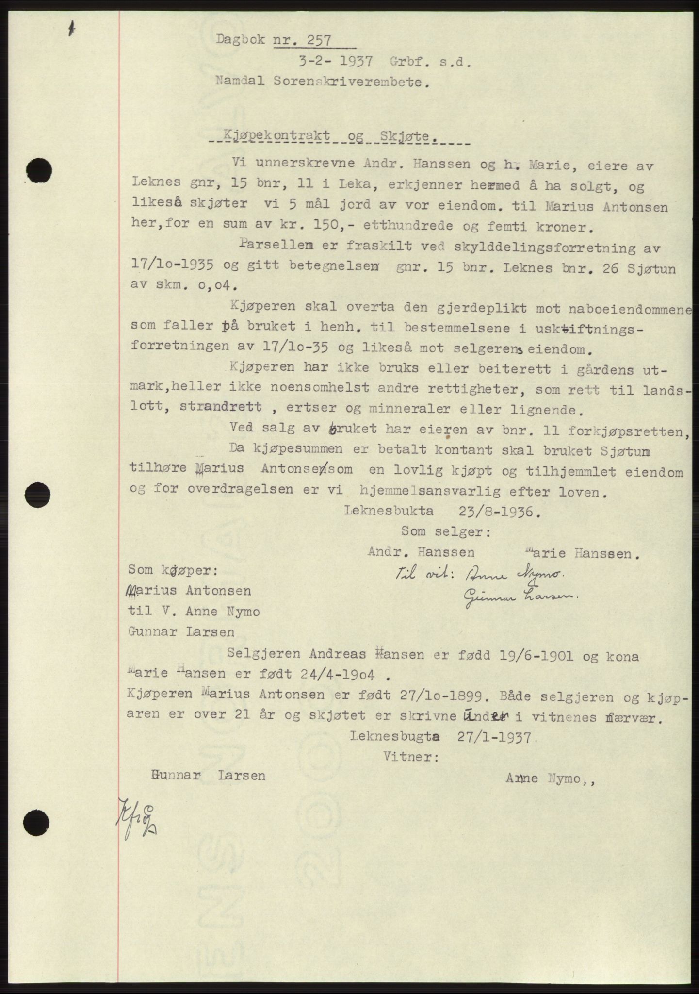Namdal sorenskriveri, SAT/A-4133/1/2/2C: Pantebok nr. -, 1937-1939, Tingl.dato: 03.02.1937