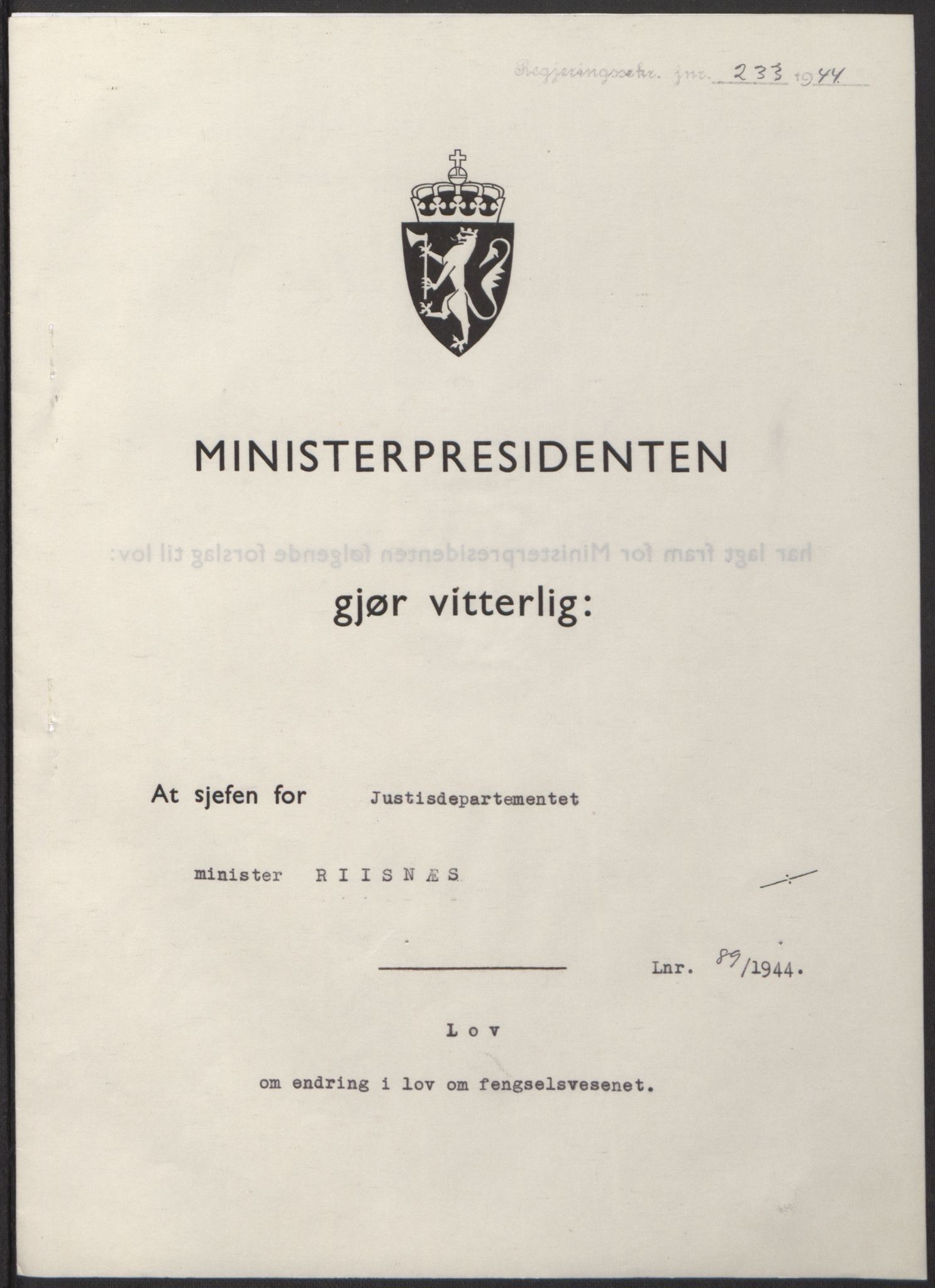 NS-administrasjonen 1940-1945 (Statsrådsekretariatet, de kommisariske statsråder mm), RA/S-4279/D/Db/L0100: Lover, 1944, s. 422