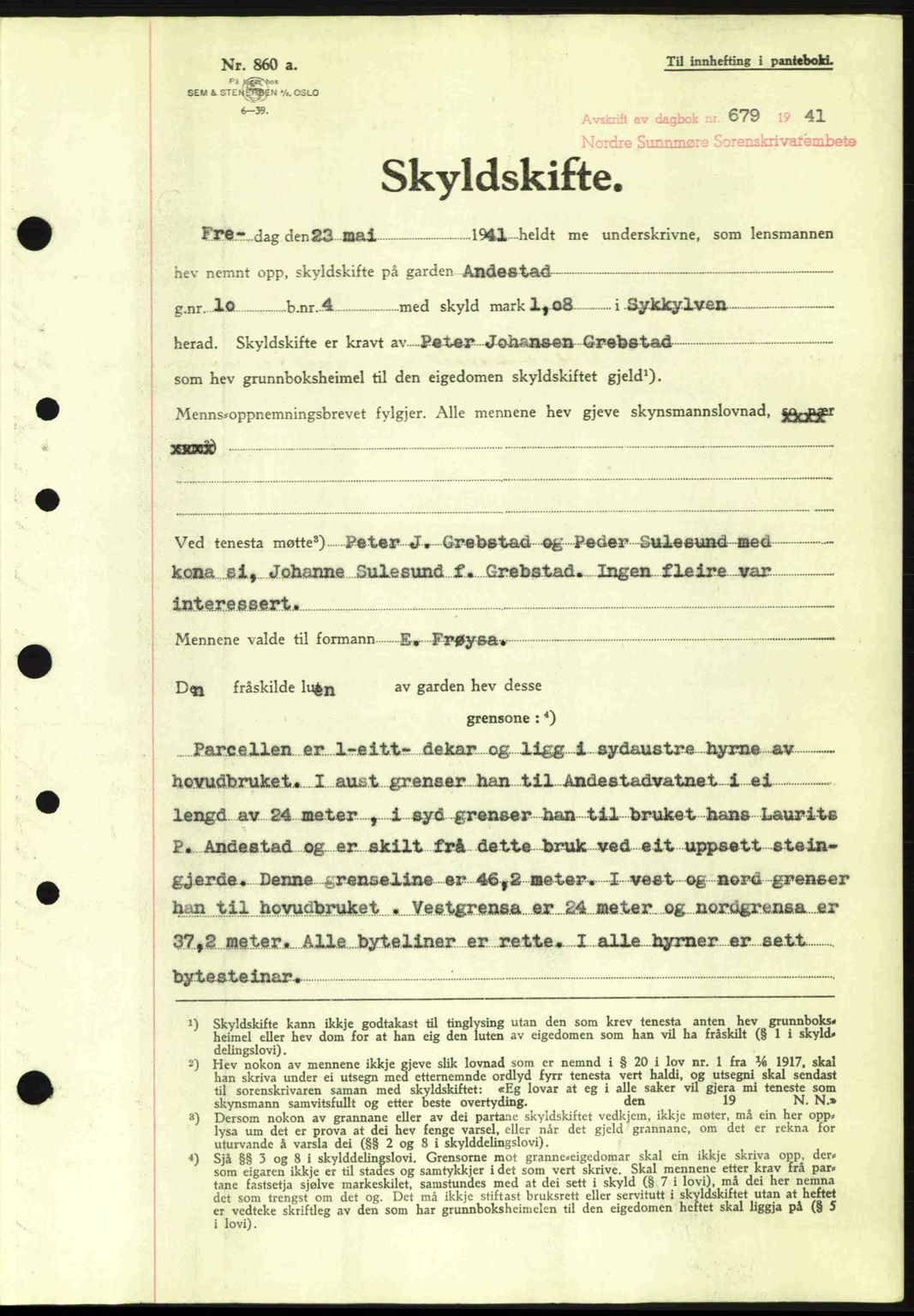 Nordre Sunnmøre sorenskriveri, SAT/A-0006/1/2/2C/2Ca: Pantebok nr. A10, 1940-1941, Dagboknr: 679/1941