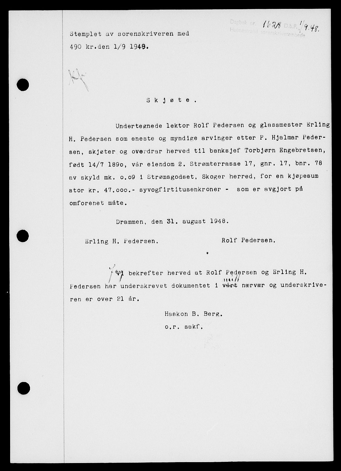Holmestrand sorenskriveri, SAKO/A-67/G/Ga/Gaa/L0064: Pantebok nr. A-64, 1948-1948, Dagboknr: 1628/1948