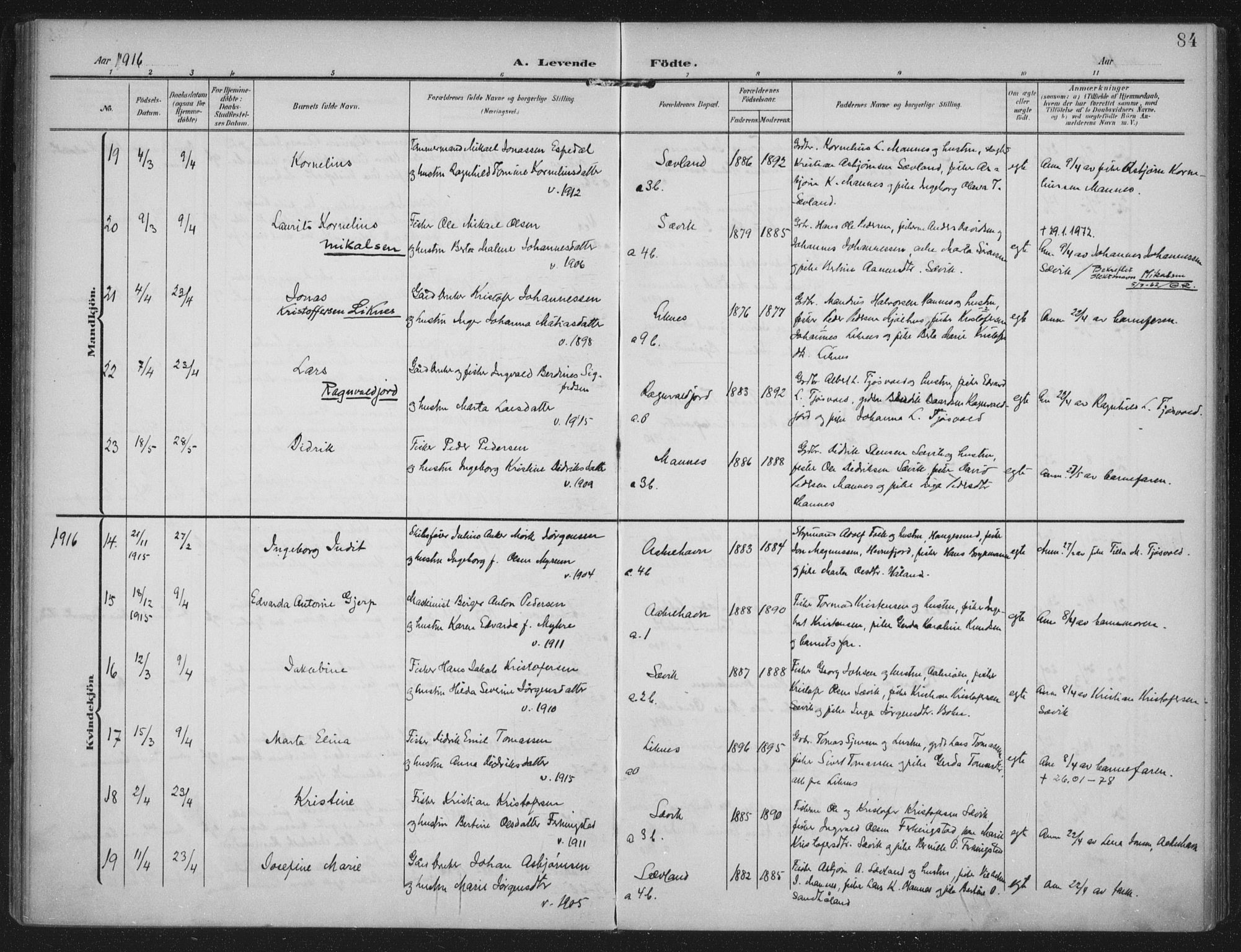 Kopervik sokneprestkontor, AV/SAST-A-101850/H/Ha/Haa/L0005: Ministerialbok nr. A 5, 1906-1924, s. 84