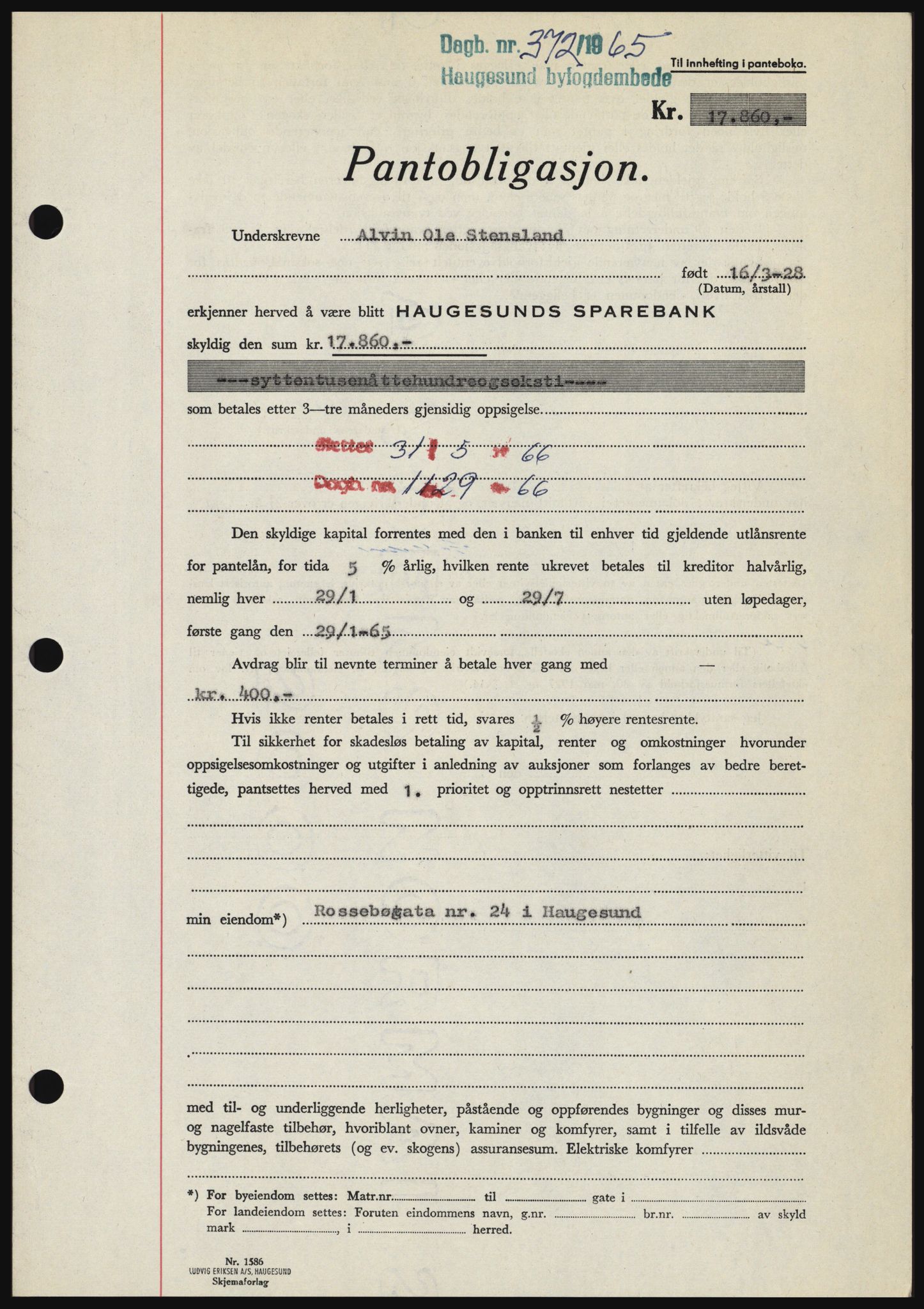 Haugesund tingrett, AV/SAST-A-101415/01/II/IIC/L0053: Pantebok nr. B 53, 1965-1965, Dagboknr: 372/1965