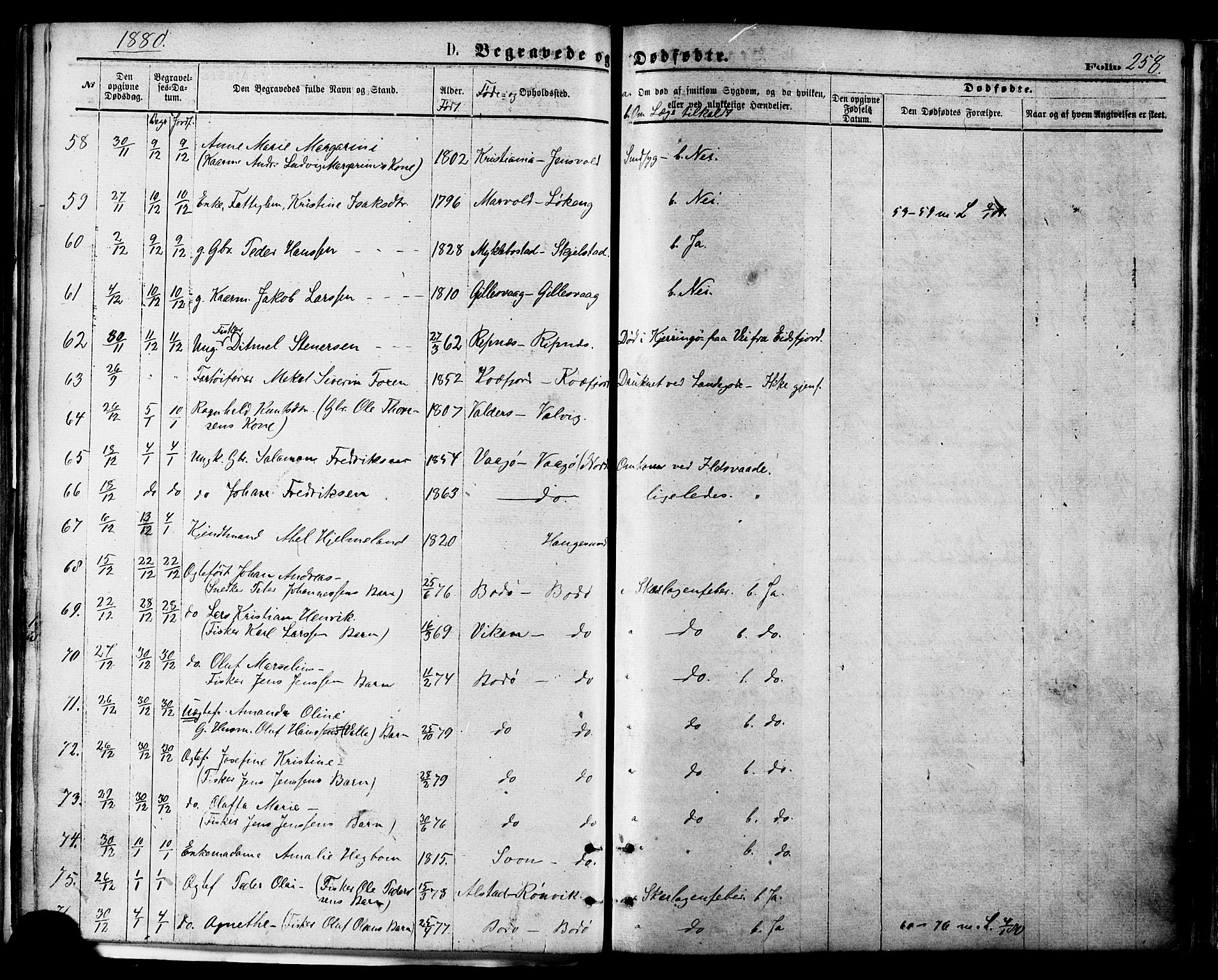 Ministerialprotokoller, klokkerbøker og fødselsregistre - Nordland, AV/SAT-A-1459/801/L0009: Ministerialbok nr. 801A09, 1876-1883, s. 258