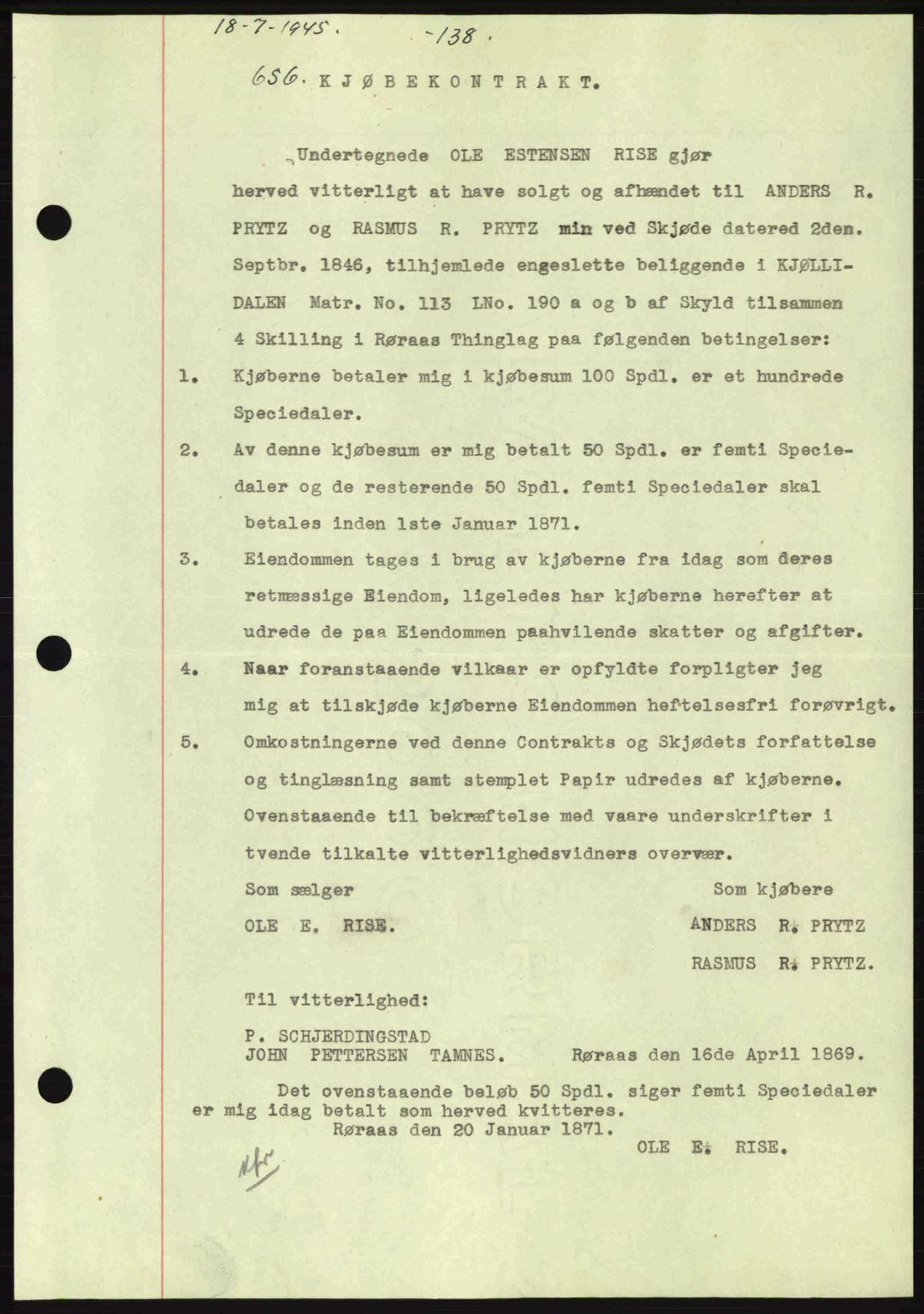 Gauldal sorenskriveri, SAT/A-0014/1/2/2C: Pantebok nr. A1a, 1945-1945, Dagboknr: 656/1945