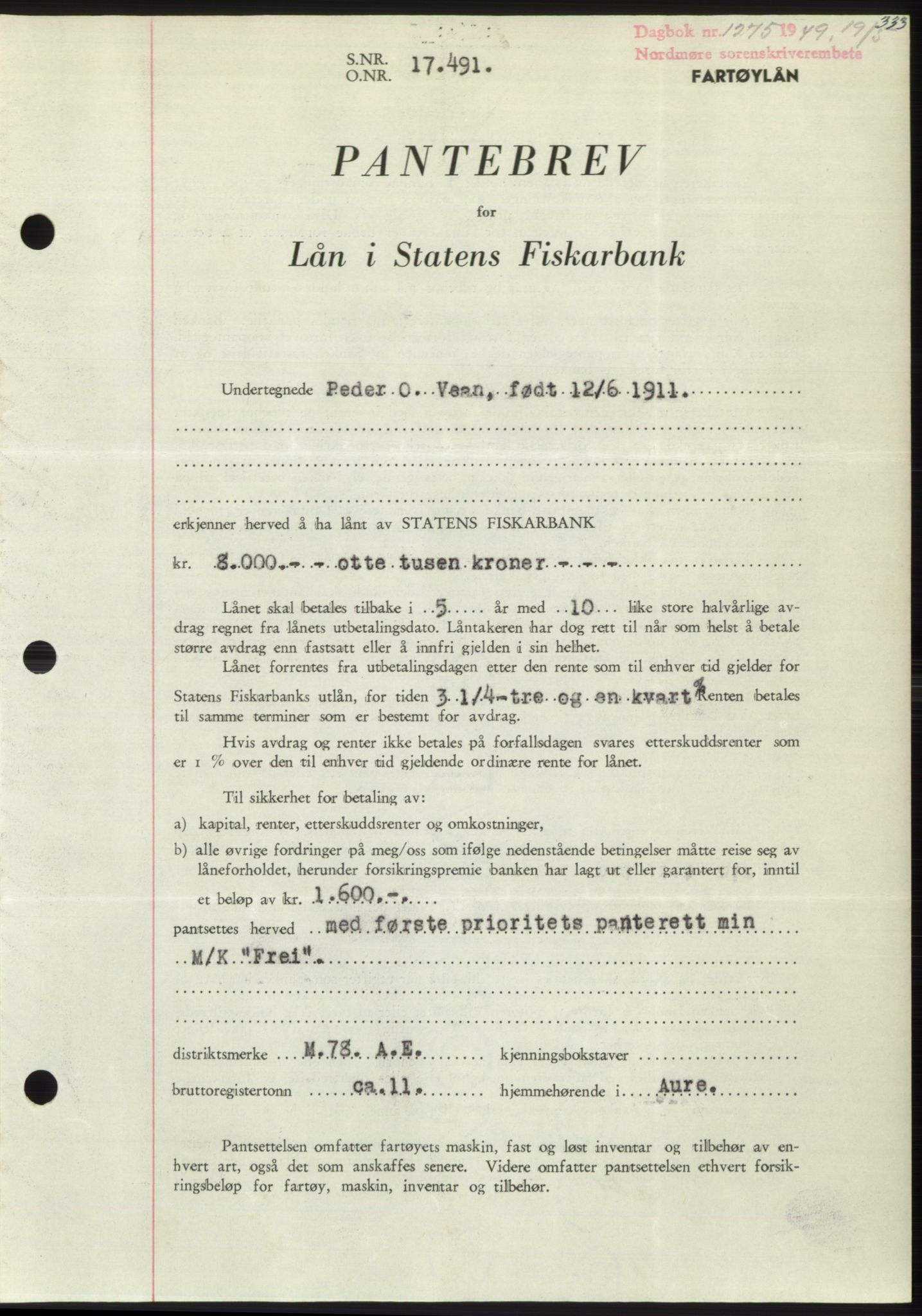 Nordmøre sorenskriveri, SAT/A-4132/1/2/2Ca: Pantebok nr. B101, 1949-1949, Dagboknr: 1275/1949