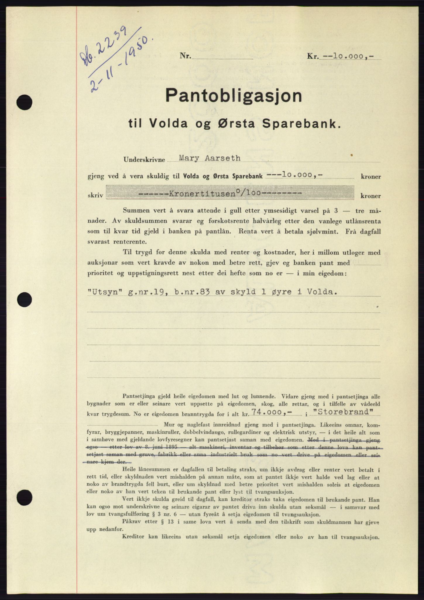 Søre Sunnmøre sorenskriveri, AV/SAT-A-4122/1/2/2C/L0119: Pantebok nr. 7B, 1950-1951, Dagboknr: 2239/1950