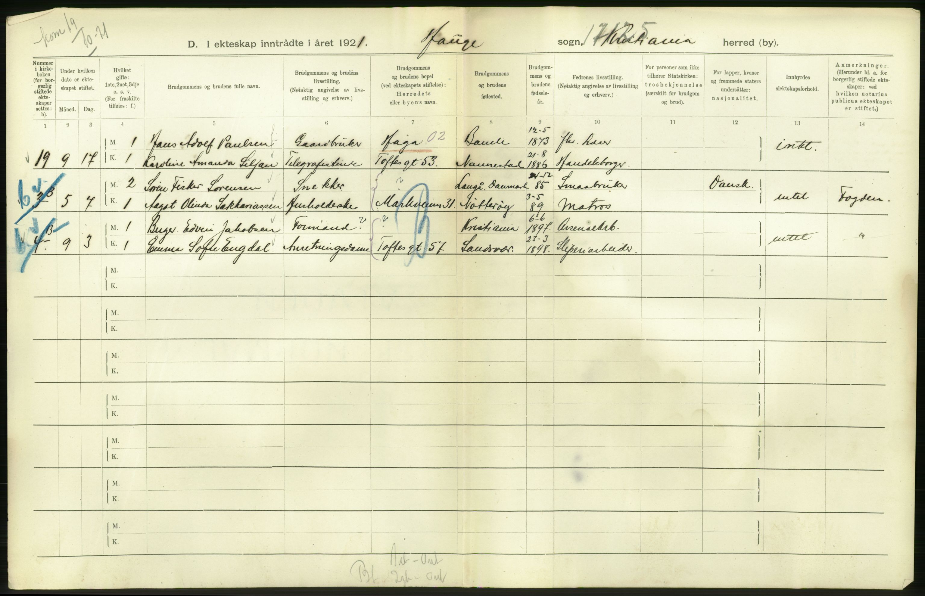 Statistisk sentralbyrå, Sosiodemografiske emner, Befolkning, AV/RA-S-2228/D/Df/Dfc/Dfca/L0011: Kristiania: Gifte, 1921, s. 574