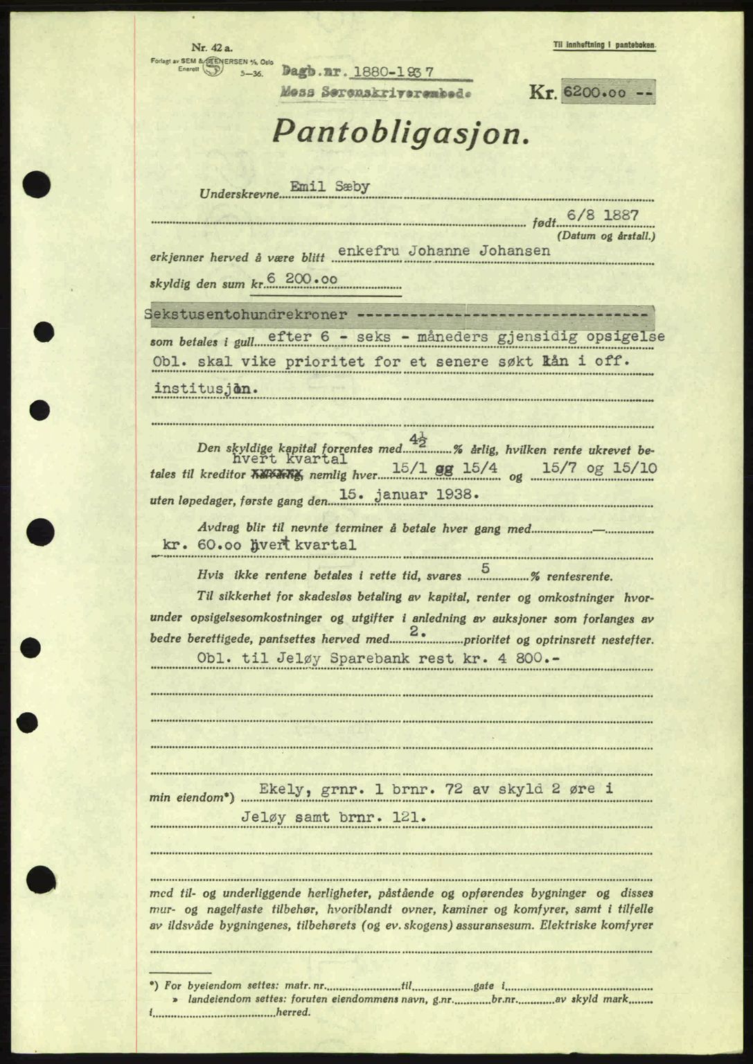 Moss sorenskriveri, SAO/A-10168: Pantebok nr. B4, 1937-1938, Dagboknr: 1880/1937