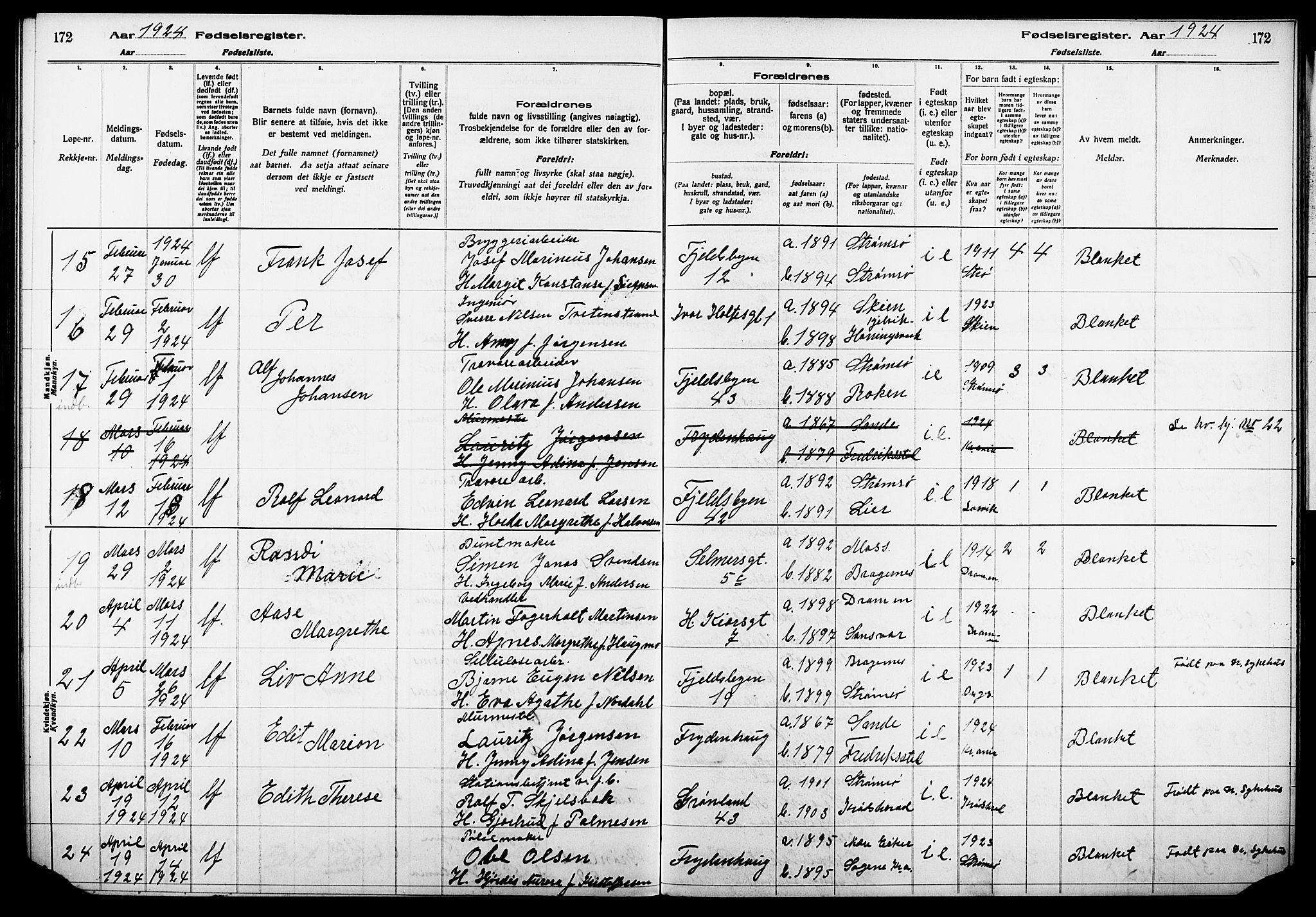 Strømsø kirkebøker, AV/SAKO-A-246/J/Ja/L0001: Fødselsregister nr. I 1, 1916-1925, s. 172