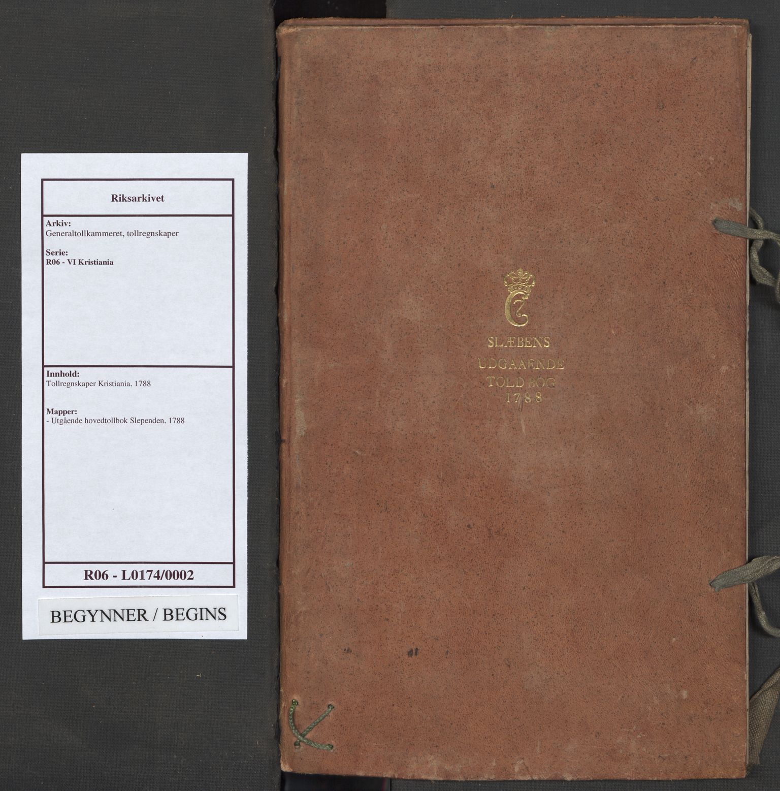 Generaltollkammeret, tollregnskaper, AV/RA-EA-5490/R06/L0174/0002: Tollregnskaper Kristiania / Utgående hovedtollbok Slependen, 1788