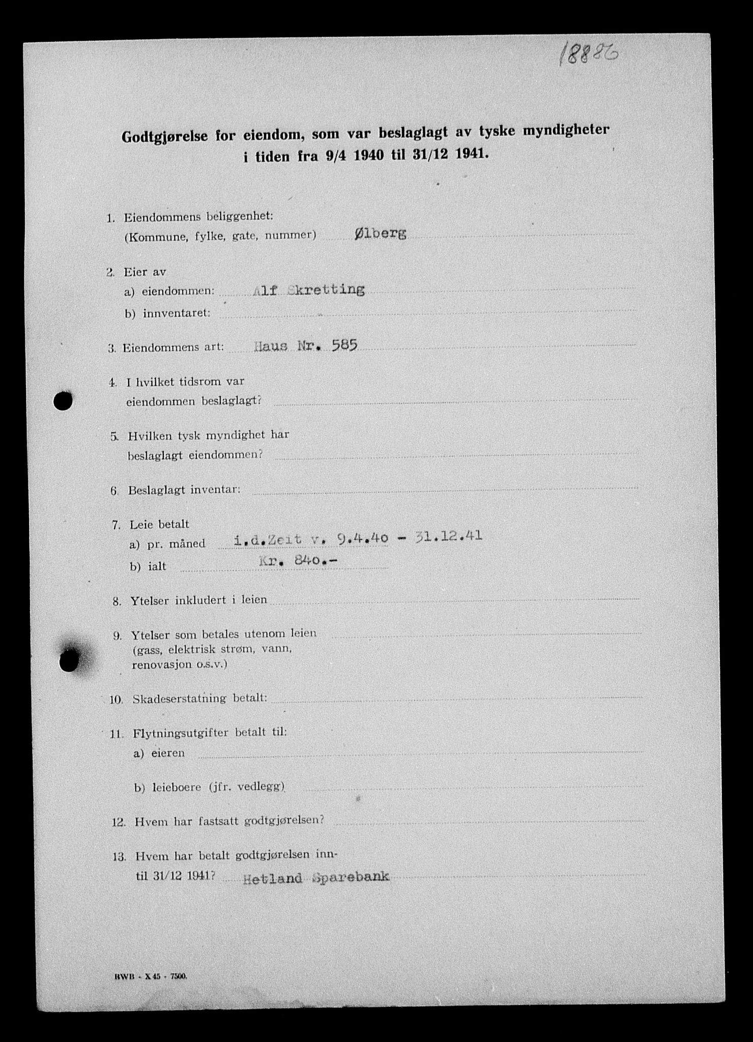Justisdepartementet, Tilbakeføringskontoret for inndratte formuer, AV/RA-S-1564/I/L1015: Godtgjørelse for beslaglagt eiendom, 1940-1941, s. 180