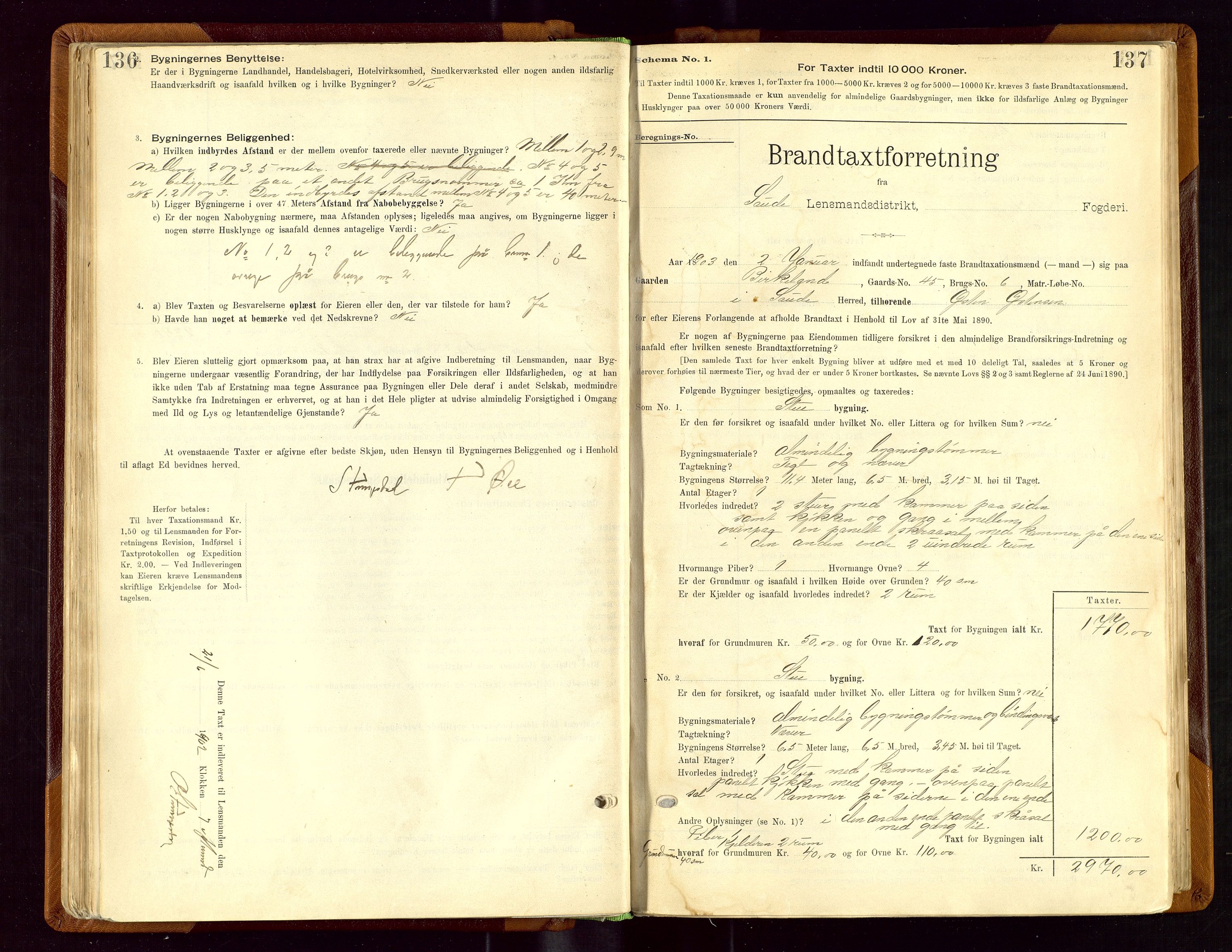 Sauda lensmannskontor, SAST/A-100177/Gob/L0001: Branntakstprotokoll - skjematakst, 1894-1914, s. 136-137