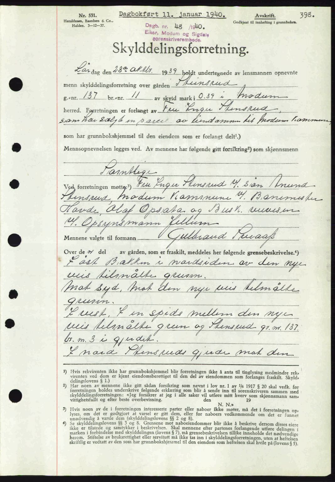 Eiker, Modum og Sigdal sorenskriveri, SAKO/A-123/G/Ga/Gab/L0041: Pantebok nr. A11, 1939-1940, Dagboknr: 48/1940