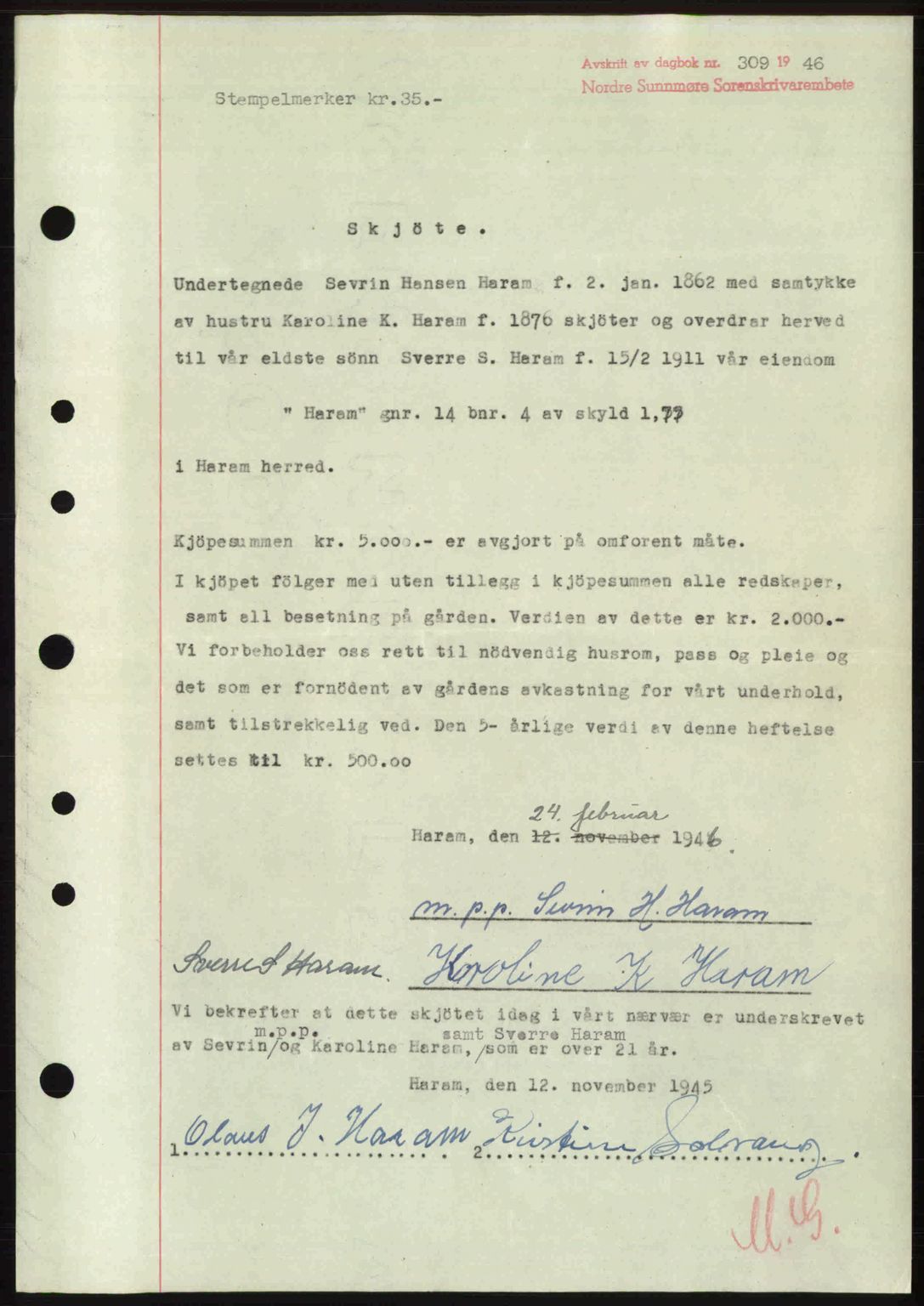 Nordre Sunnmøre sorenskriveri, AV/SAT-A-0006/1/2/2C/2Ca: Pantebok nr. A20b, 1946-1946, Dagboknr: 309/1946