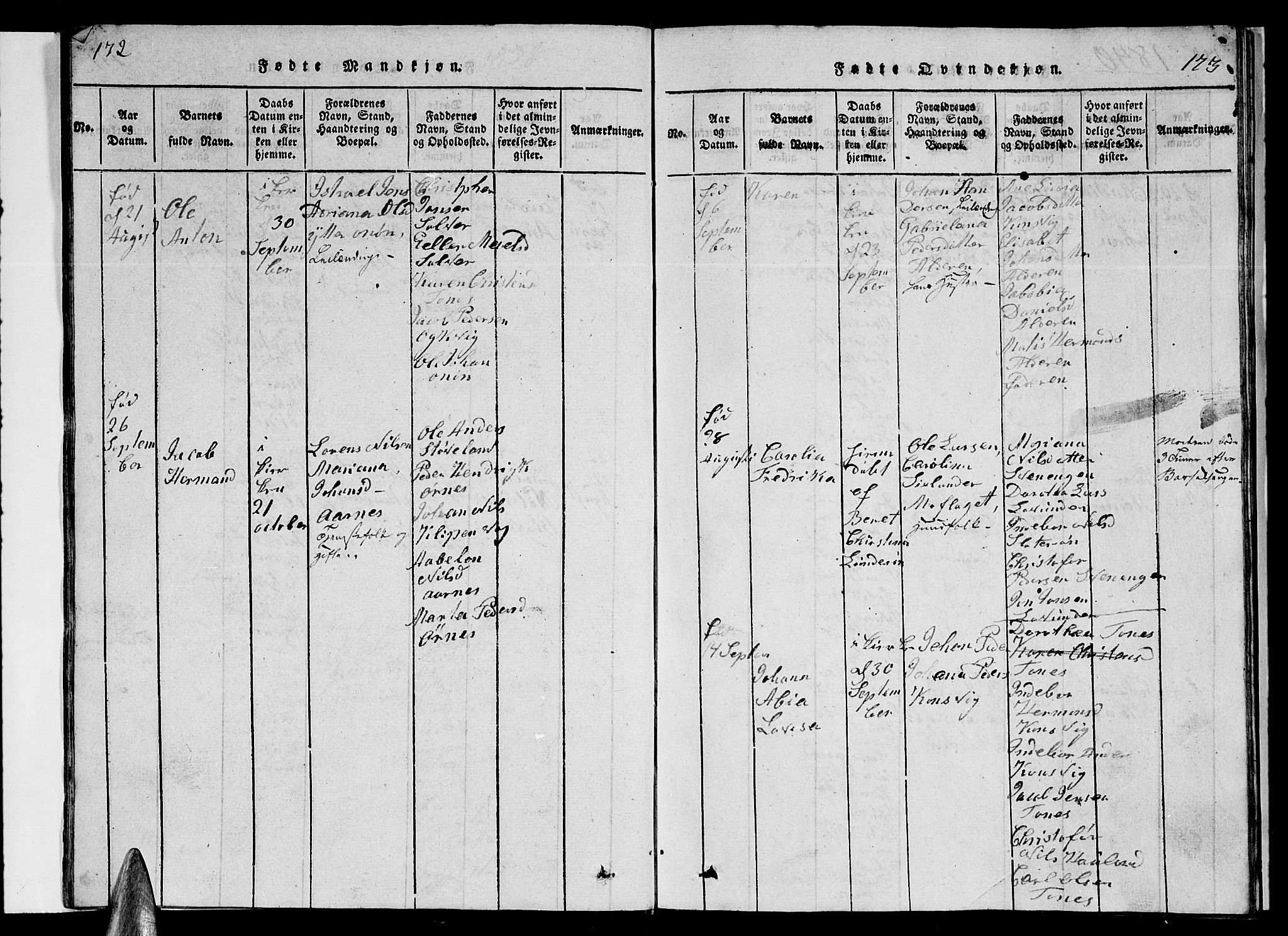 Ministerialprotokoller, klokkerbøker og fødselsregistre - Nordland, AV/SAT-A-1459/839/L0571: Klokkerbok nr. 839C01, 1820-1840, s. 172-173