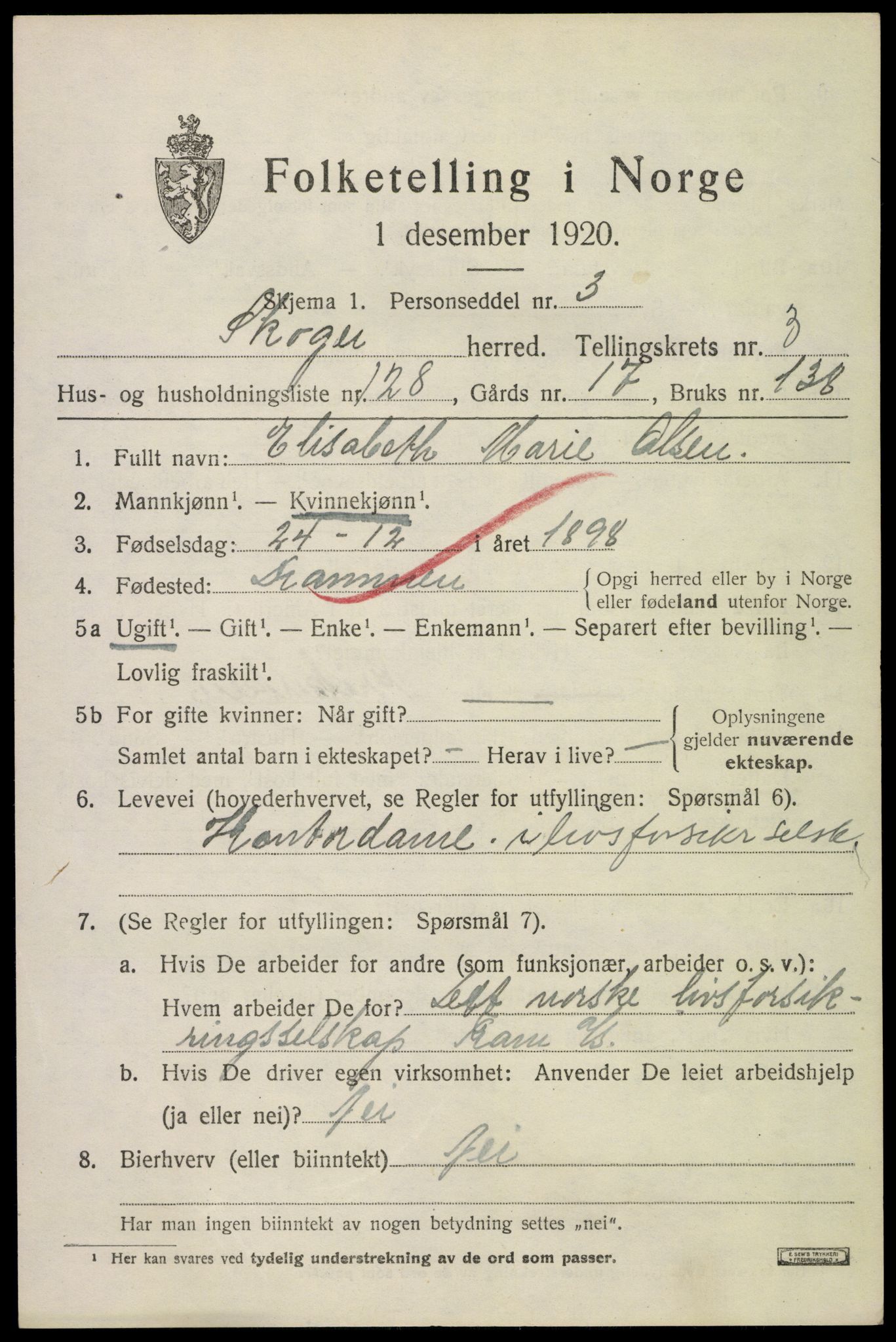 SAKO, Folketelling 1920 for 0712 Skoger herred, 1920, s. 9501