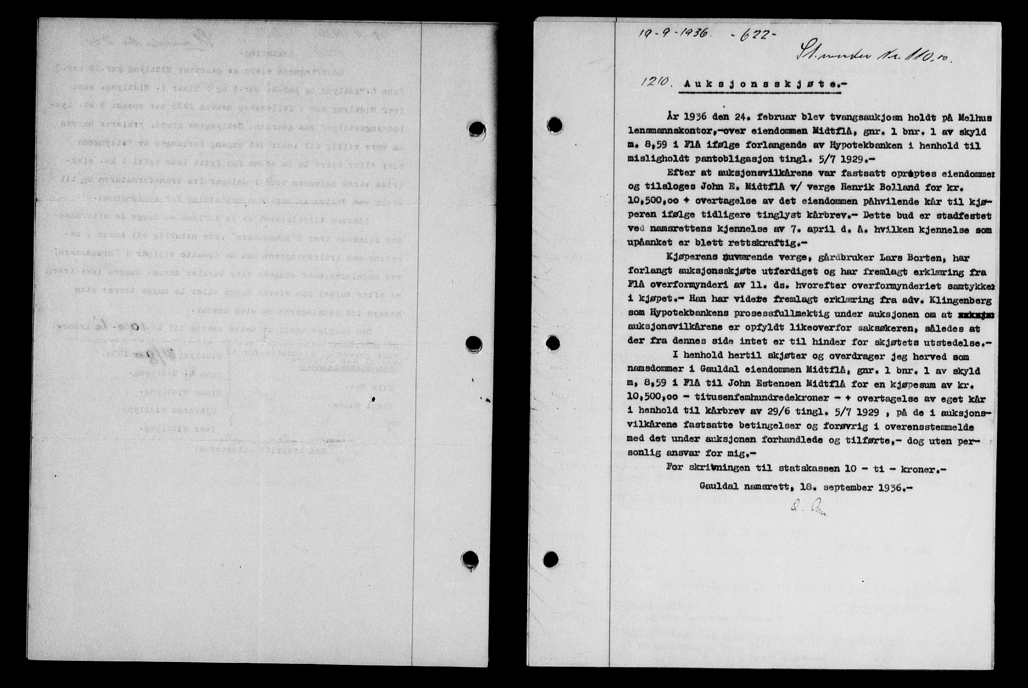Gauldal sorenskriveri, SAT/A-0014/1/2/2C/L0046: Pantebok nr. 49-50, 1936-1937, Dagboknr: 1210/1936