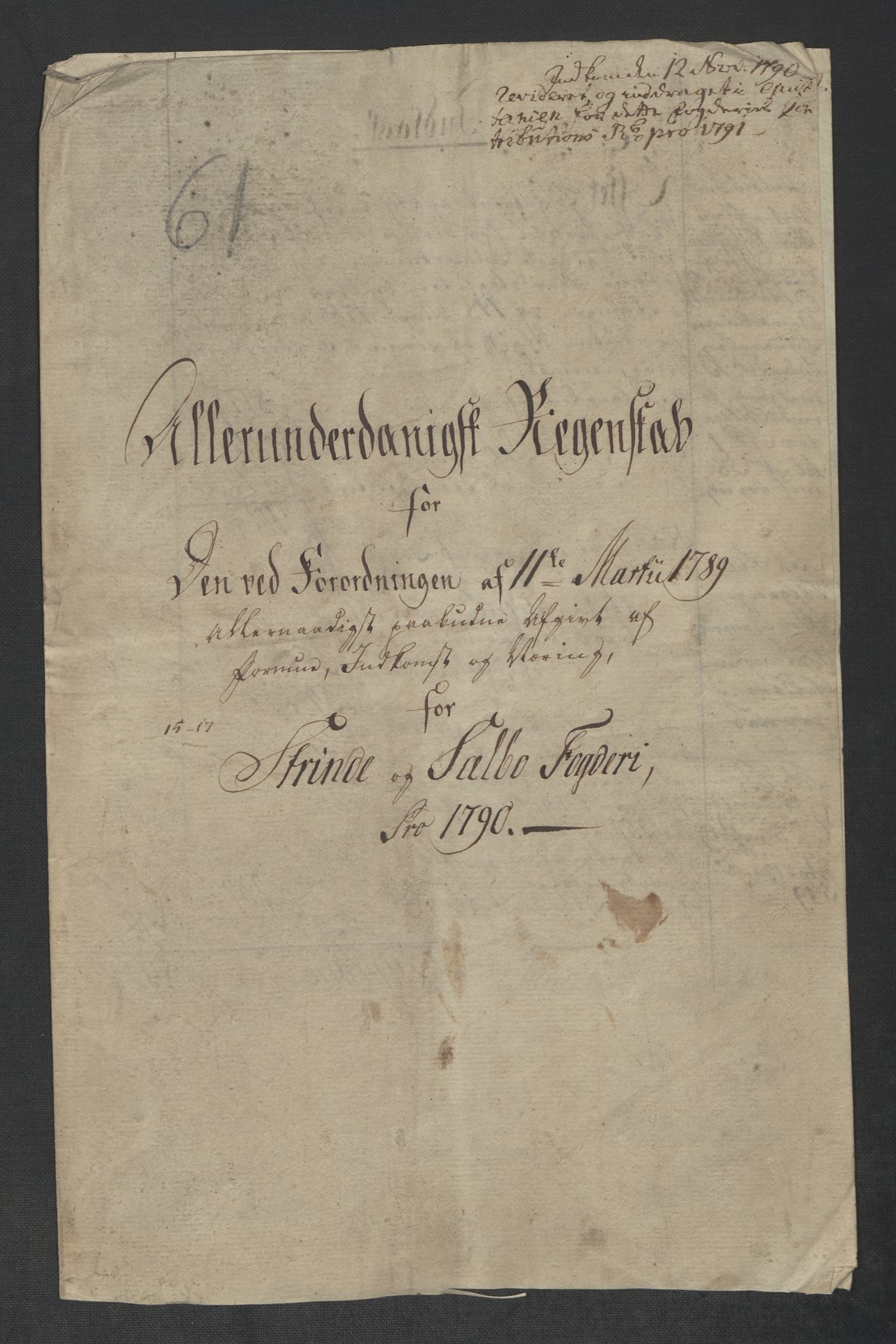 Rentekammeret inntil 1814, Reviderte regnskaper, Mindre regnskaper, RA/EA-4068/Rf/Rfe/L0047: Strinda og Selbu fogderi. Strømsø, 1789, s. 5