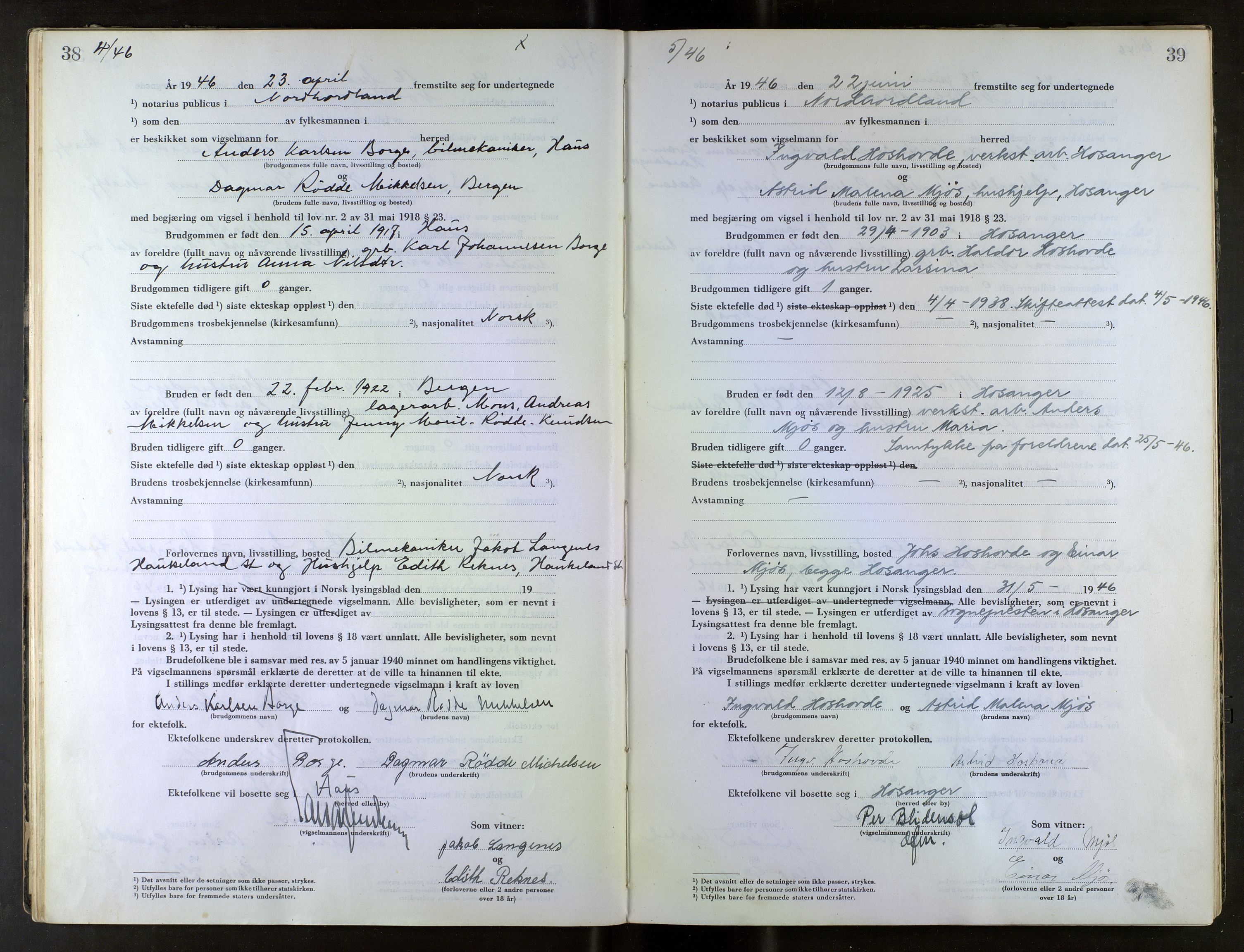 Nordhordland sorenskrivar, AV/SAB-A-2901/1/M/Mb/Mba/L0004: Vigselbøker, 1945-1952, s. 38-39