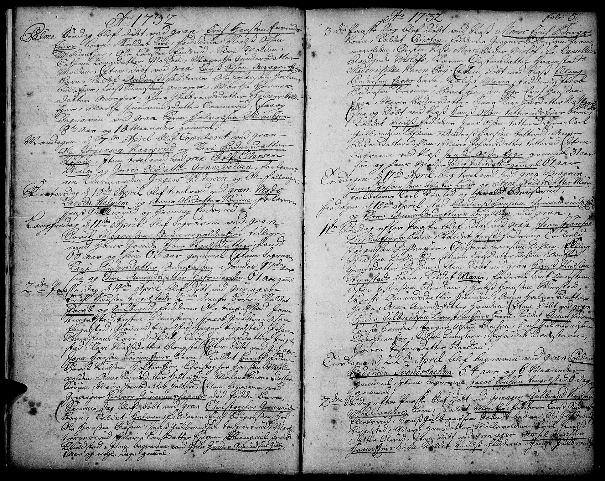 Gran prestekontor, AV/SAH-PREST-112/H/Ha/Haa/L0002: Ministerialbok nr. 2, 1732-1744, s. 5