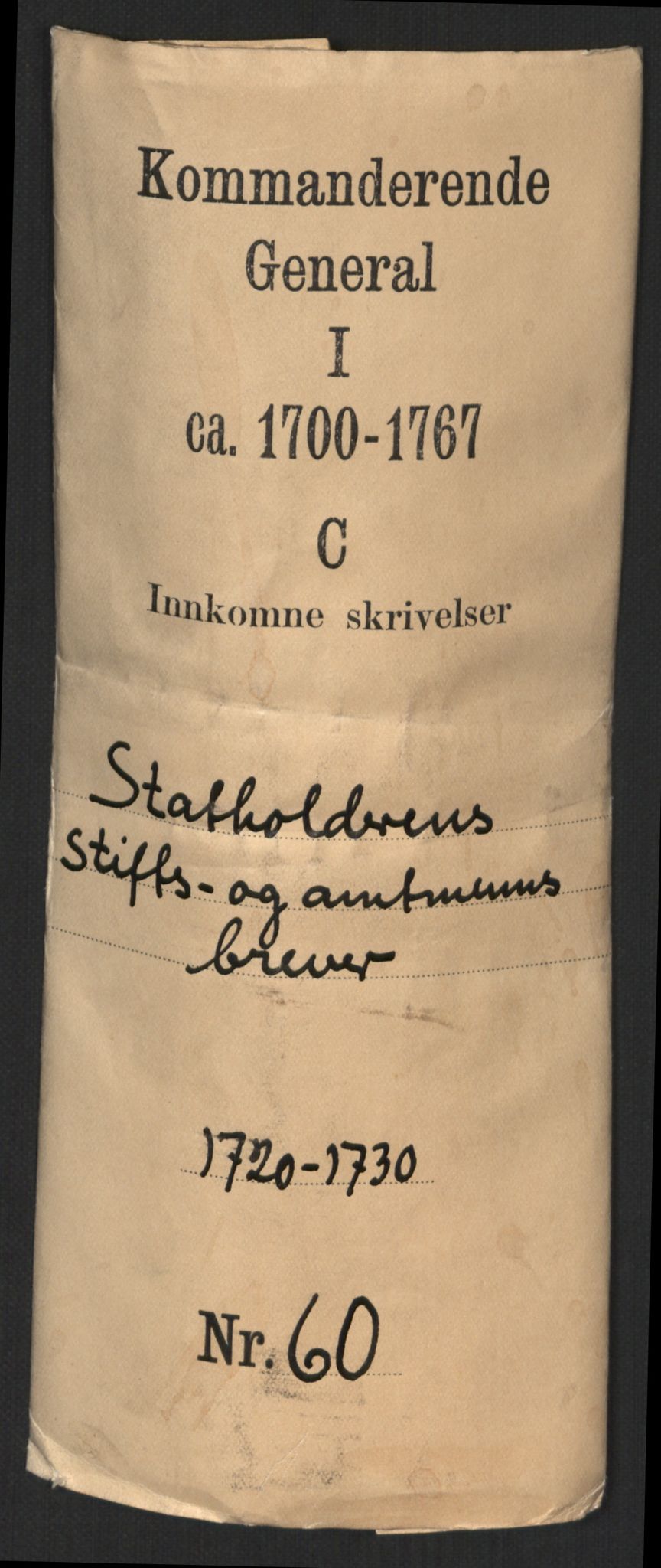 Kommanderende general (KG I) med Det norske krigsdirektorium, RA/EA-5419/D/L0060: Stattholderens, stiftamtmenns og amtmenns brev, 1720-1730, s. 1