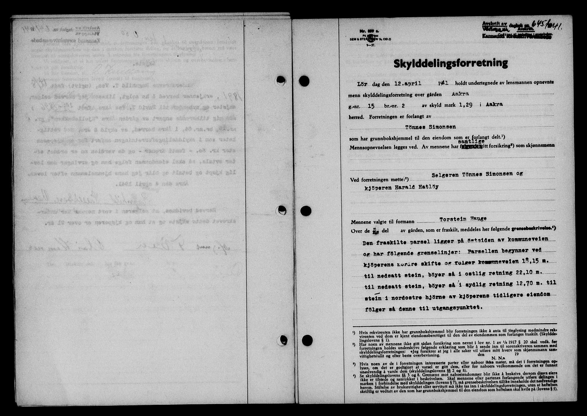 Karmsund sorenskriveri, SAST/A-100311/01/II/IIB/L0075: Pantebok nr. 56A, 1941-1941, Dagboknr: 645/1941