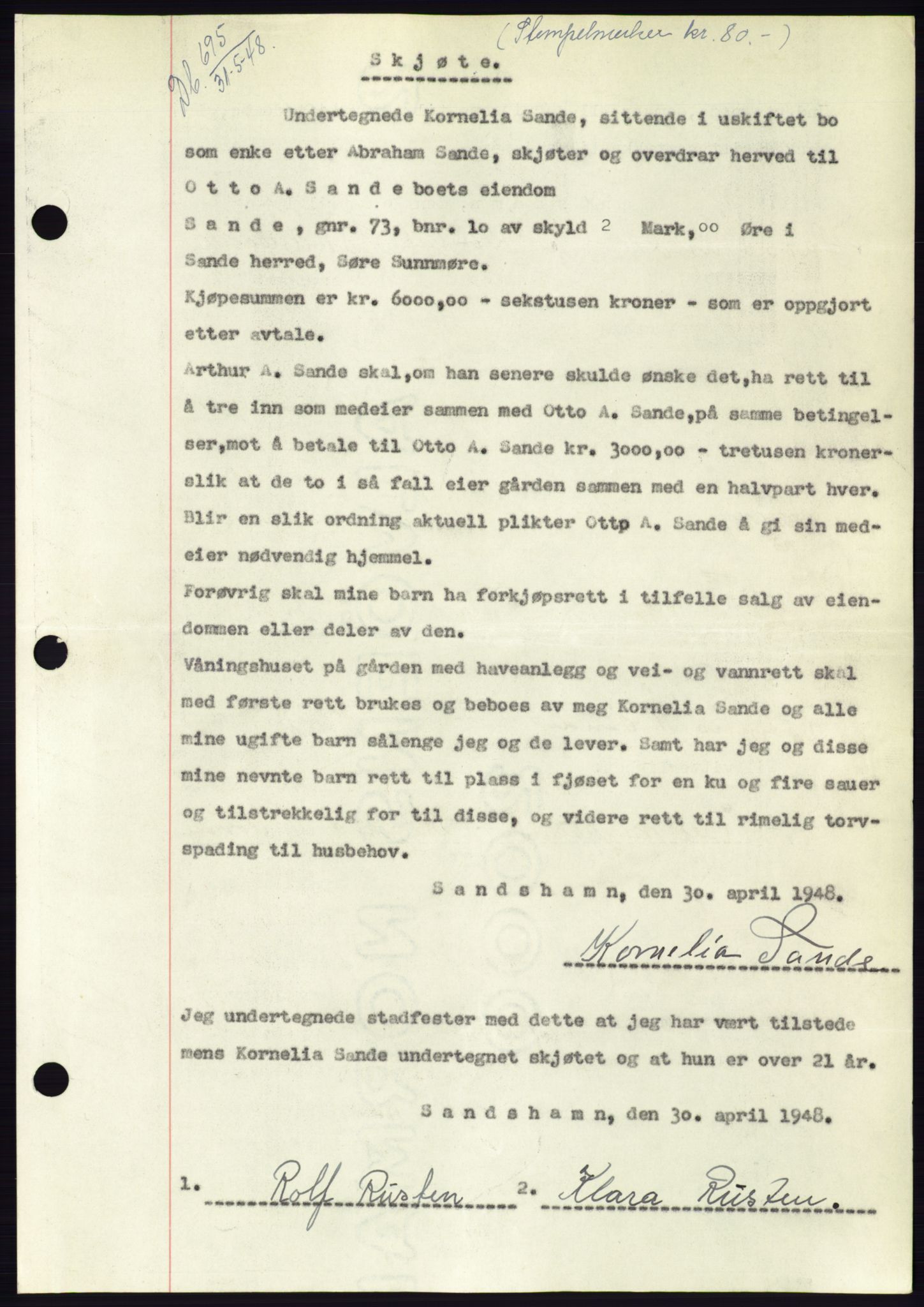 Søre Sunnmøre sorenskriveri, SAT/A-4122/1/2/2C/L0082: Pantebok nr. 8A, 1948-1948, Dagboknr: 695/1948