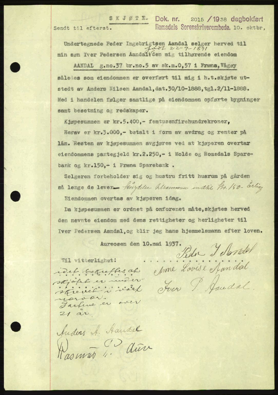 Romsdal sorenskriveri, SAT/A-4149/1/2/2C: Pantebok nr. A5, 1938-1938, Dagboknr: 2015/1938