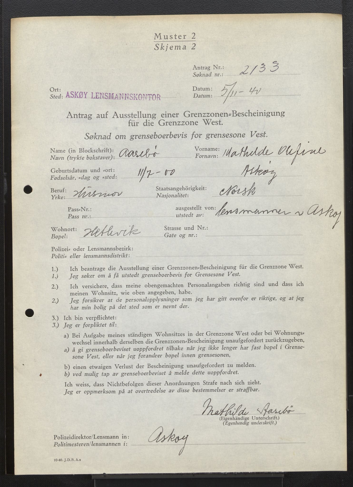 Lensmannen i Askøy, AV/SAB-A-31001/0026/L0008: Søknader om grensebuarbevis 2126 - 2550, 1940, s. 15