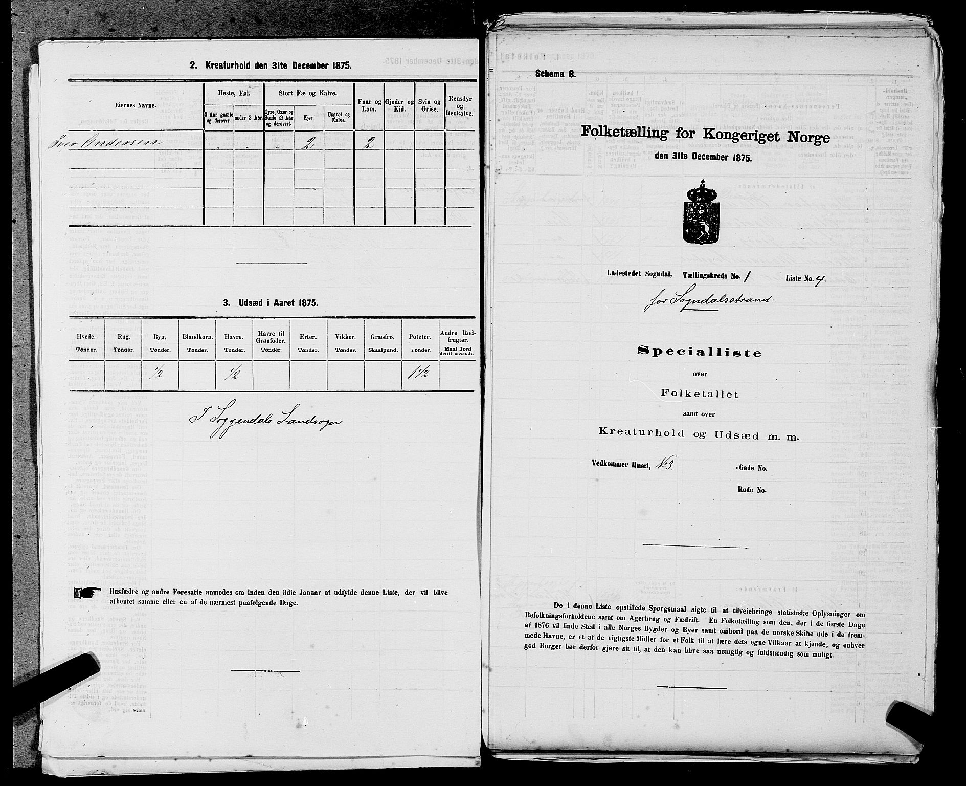 SAST, Folketelling 1875 for 1107B Sokndal prestegjeld, Sokndal ladested, 1875, s. 7