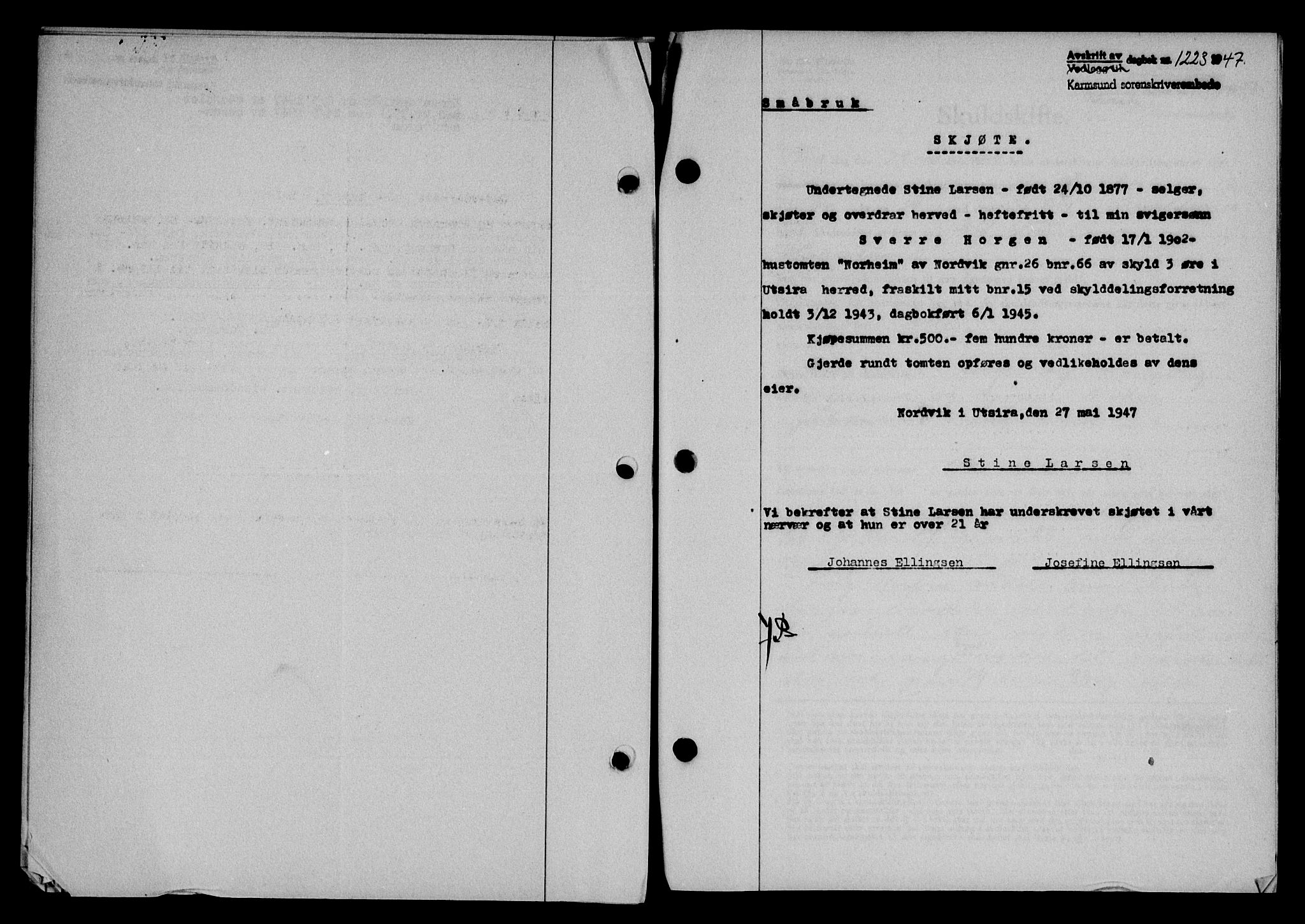 Karmsund sorenskriveri, SAST/A-100311/01/II/IIB/L0089: Pantebok nr. 69A, 1947-1947, Dagboknr: 1223/1947