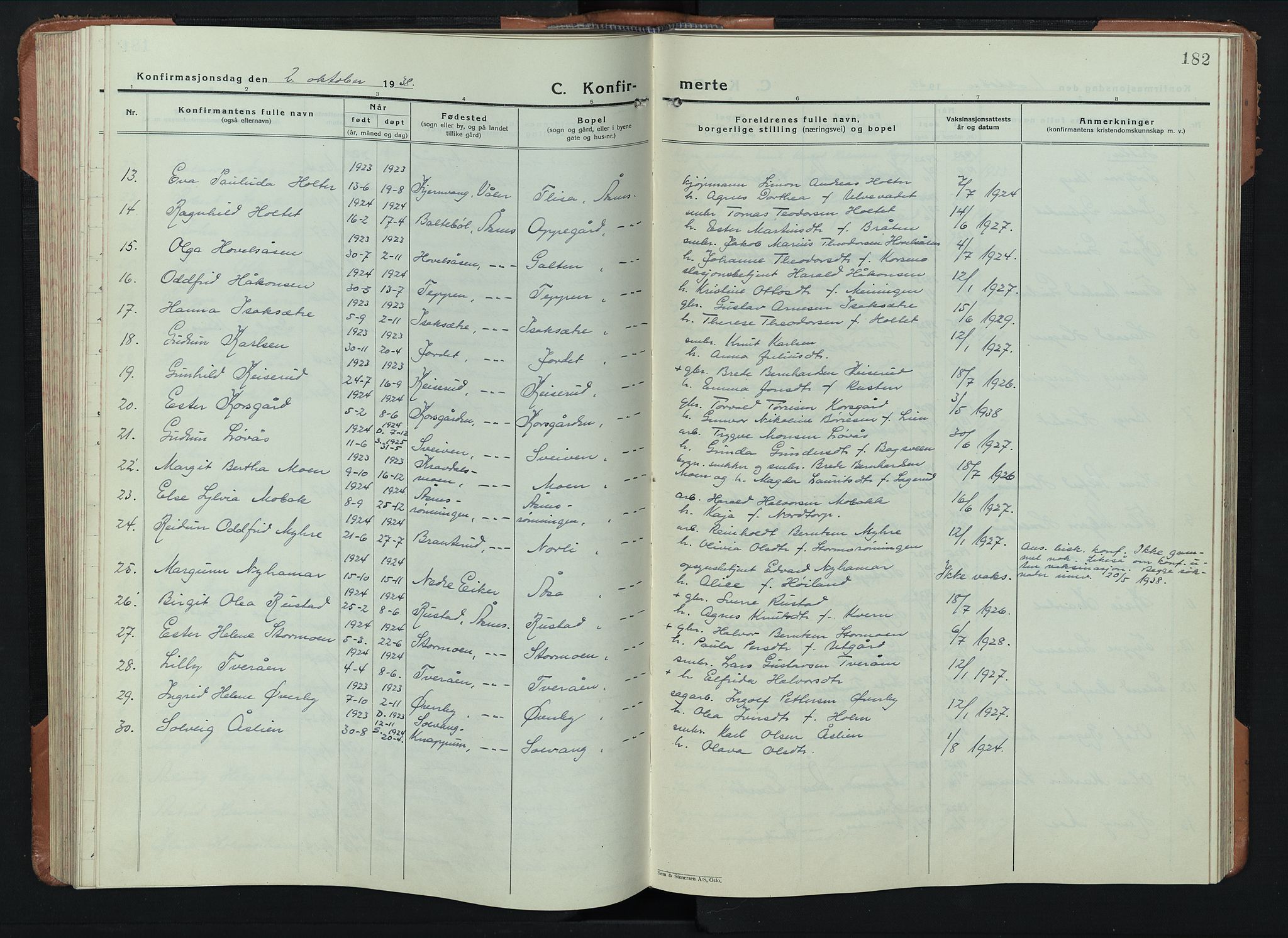 Åsnes prestekontor, AV/SAH-PREST-042/H/Ha/Hab/L0008: Klokkerbok nr. 8, 1927-1942, s. 182